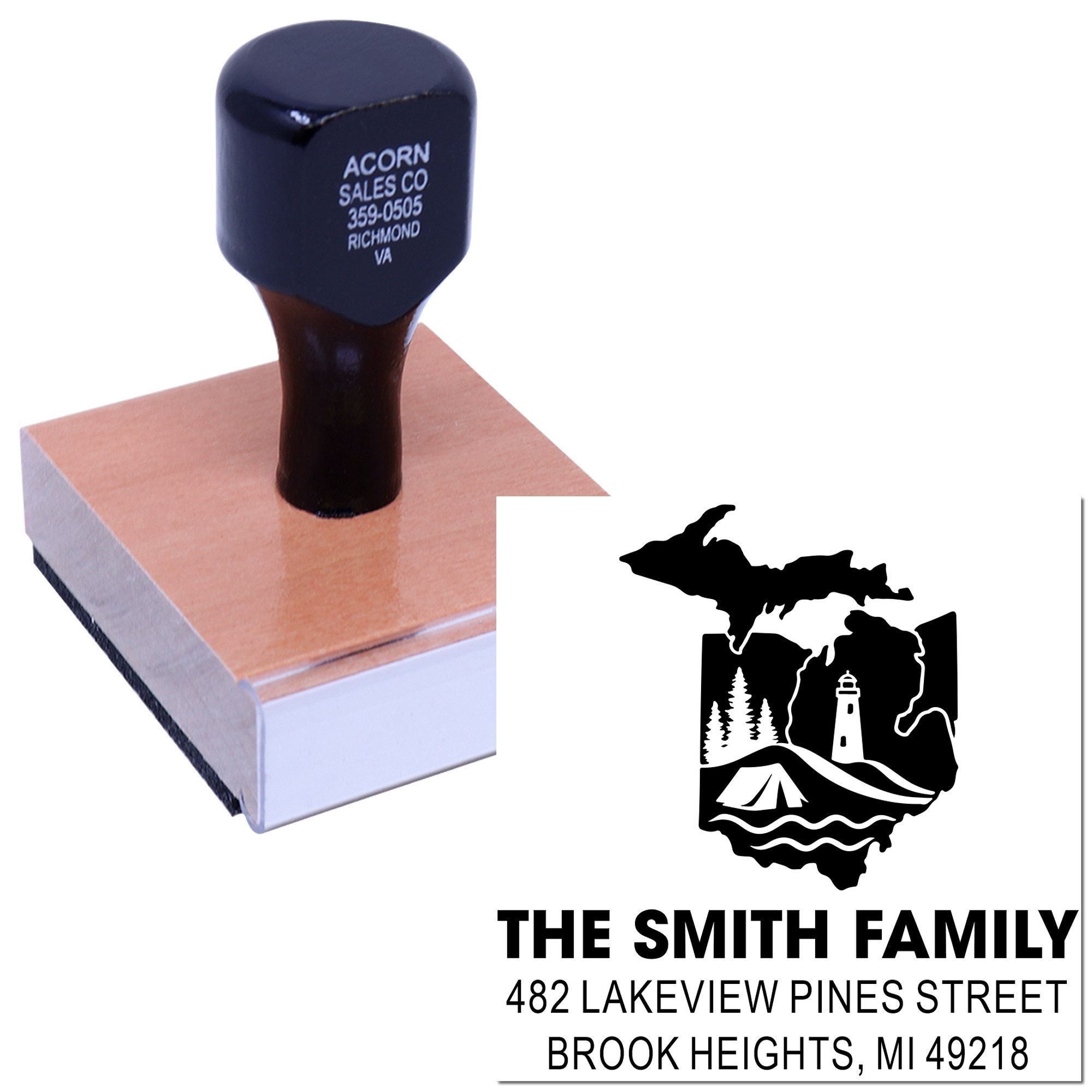 Custom Michigan return address rubber stamp for The Smith Family with state silhouette and address design.