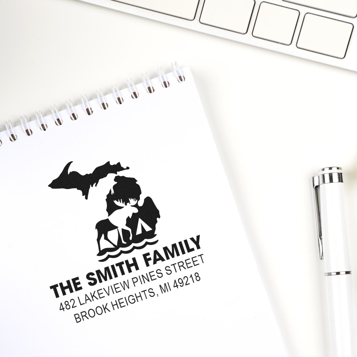Personalized return address rubber stamp for the Smith family, with custom name and address imprint on stationery.