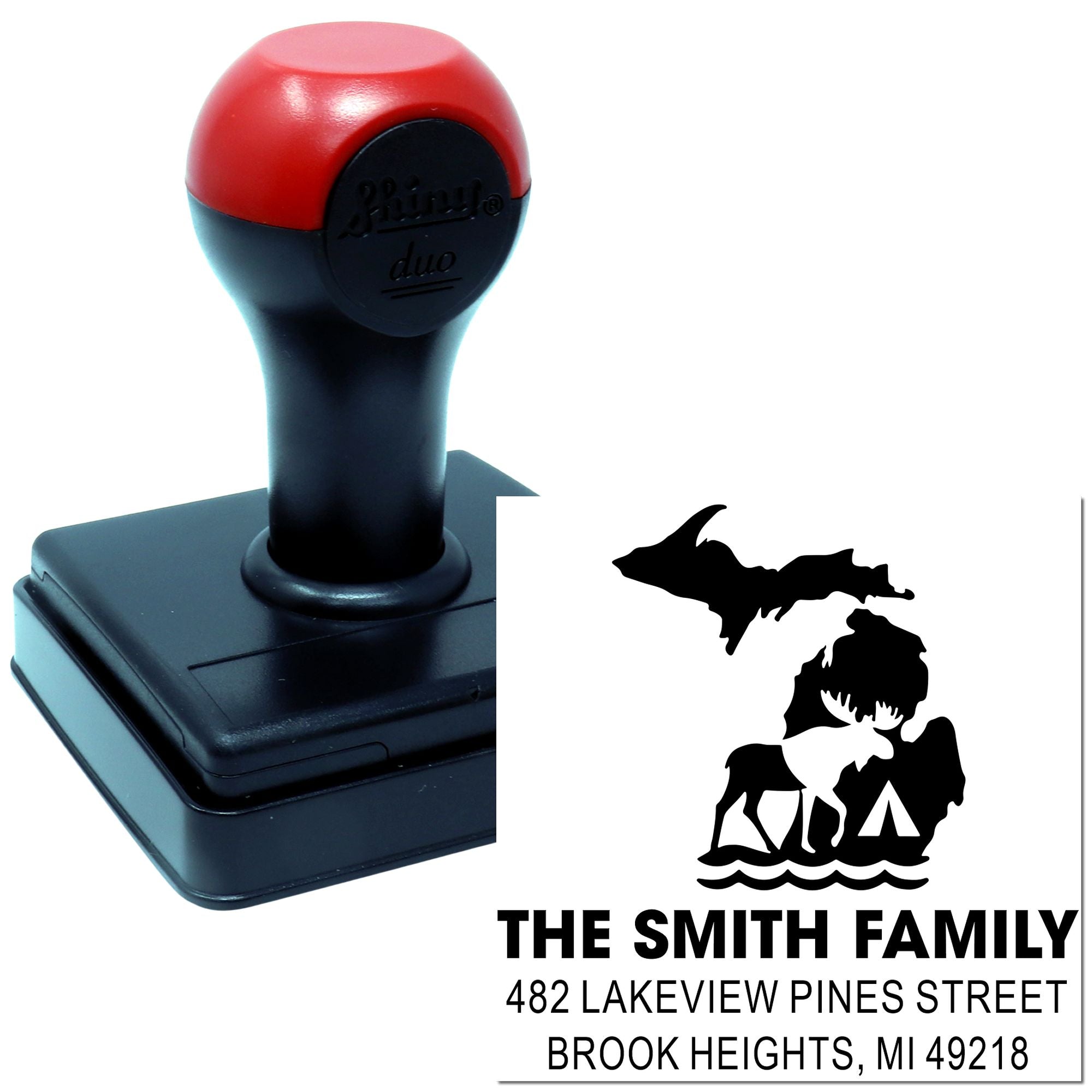 Custom self-inking rubber stamp with personalized Michigan family address design for mailing and stationery.