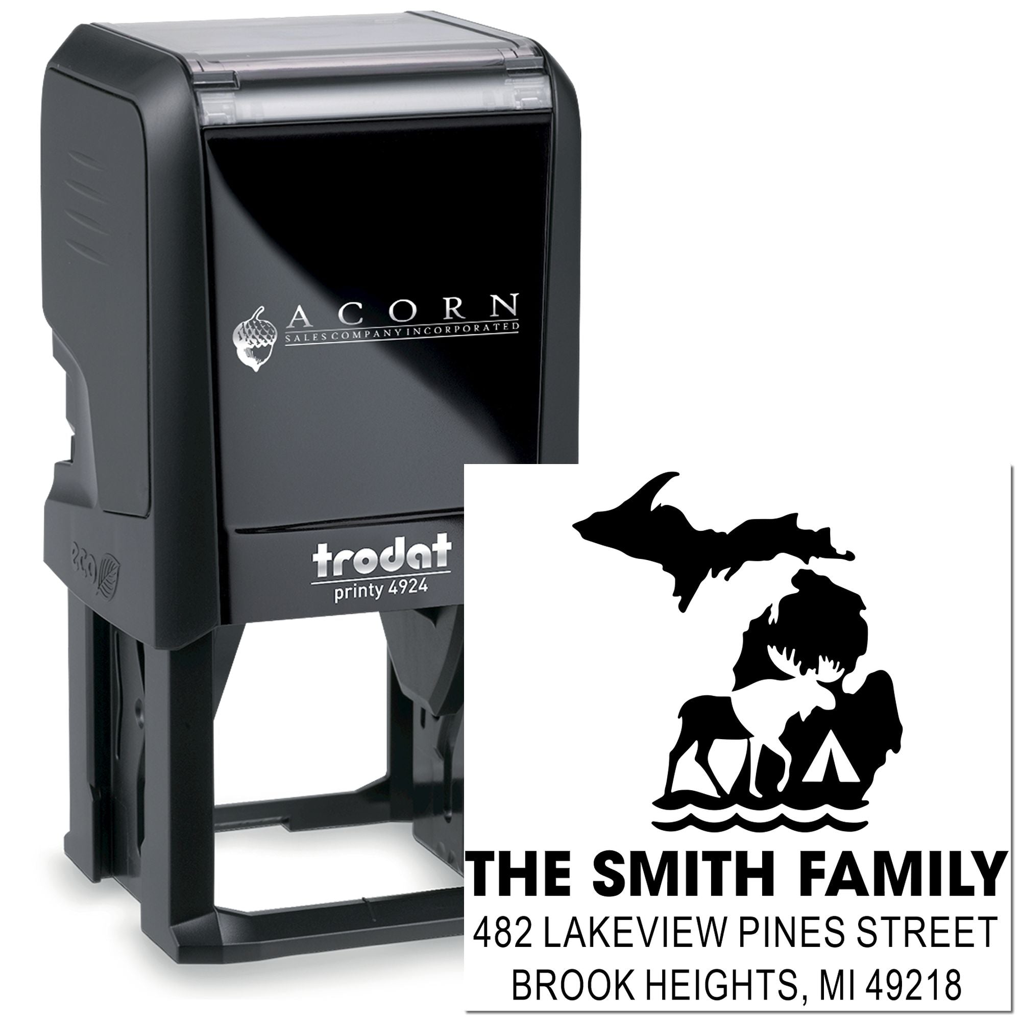 Custom self-inking return address stamp for The Smith Family with Michigan silhouette, Trodat Printy 4924 rubber stamp.