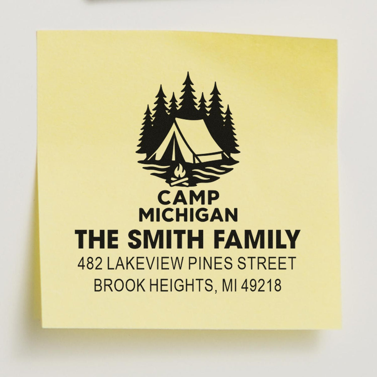 Custom rubber stamp for The Smith Family return address, featuring a camp tent logo and Brook Heights, MI.