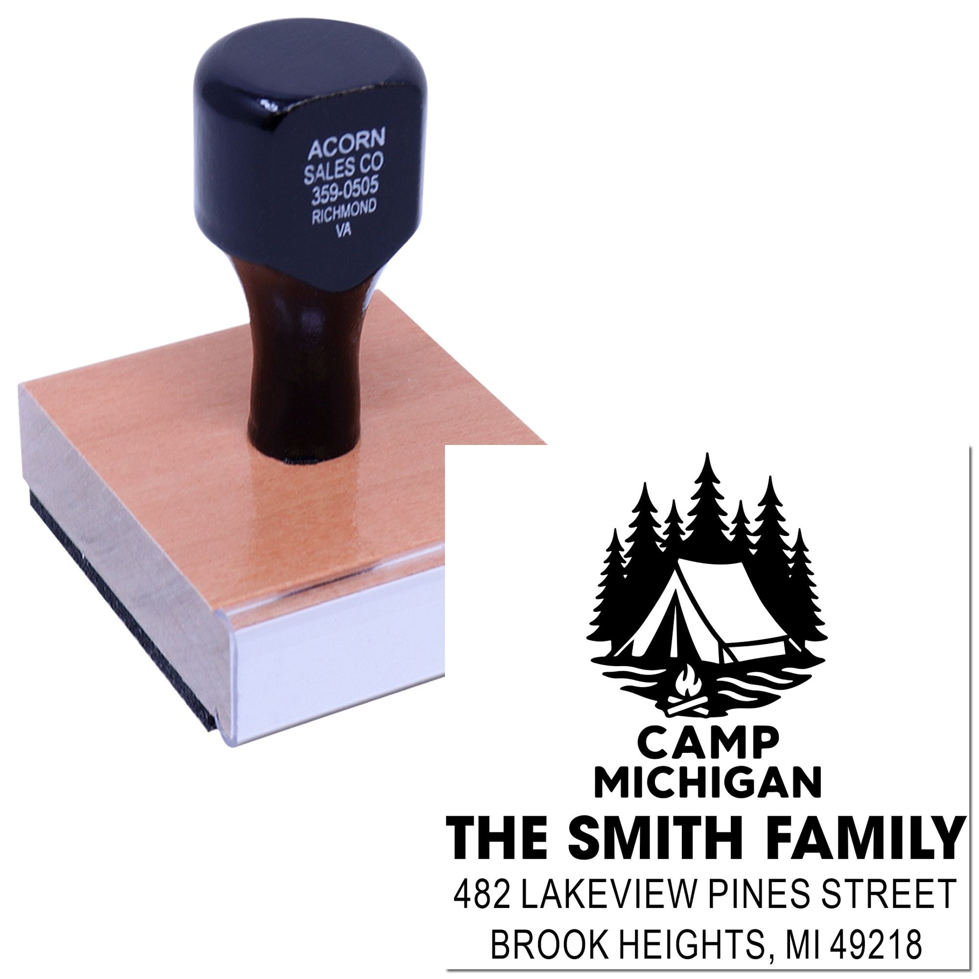 Custom rubber stamp with camping tent logo and family address for Camp Michigan, Smith family mailing label design.