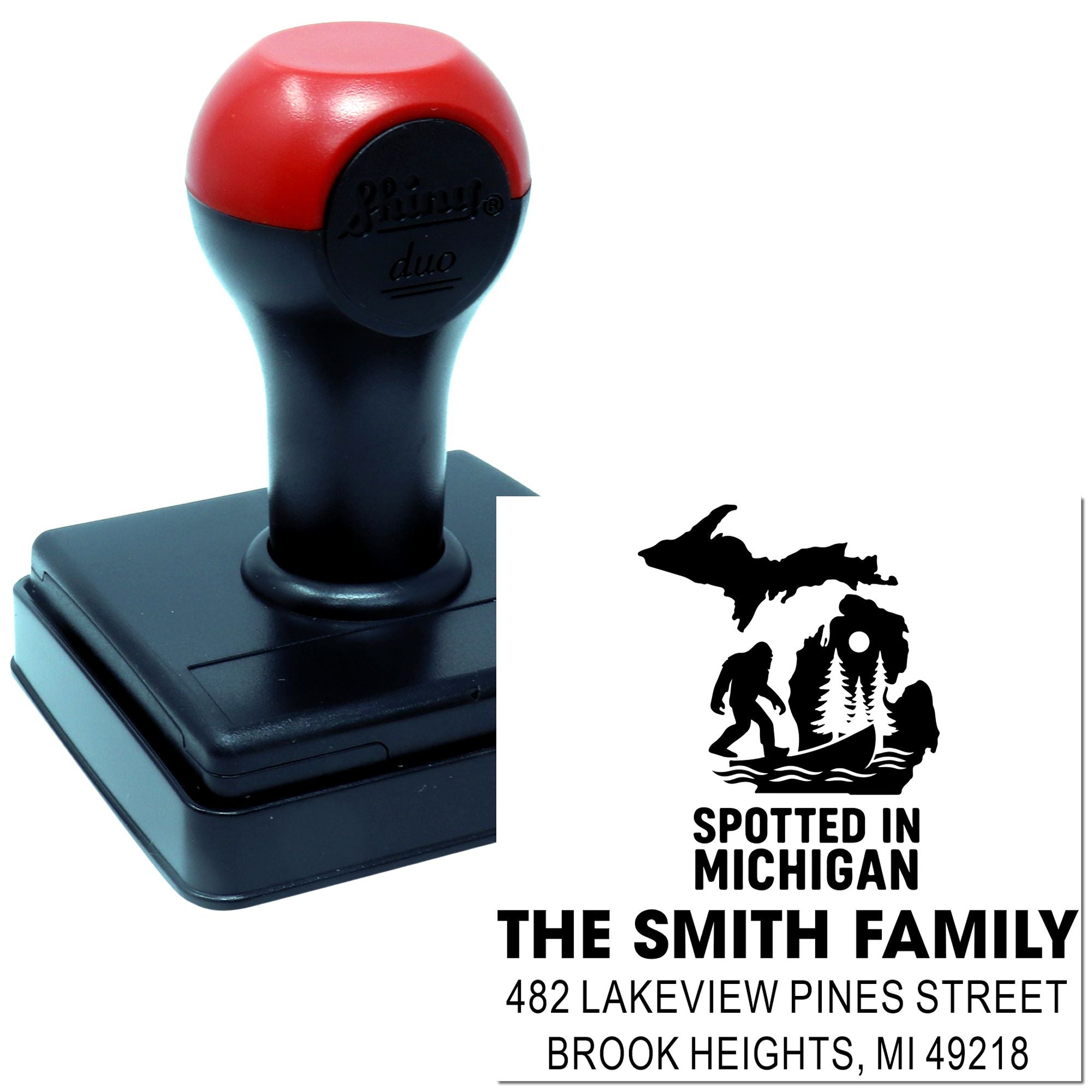 Custom self-inking rubber stamp with Michigan family design and personalized address for mailing and business branding