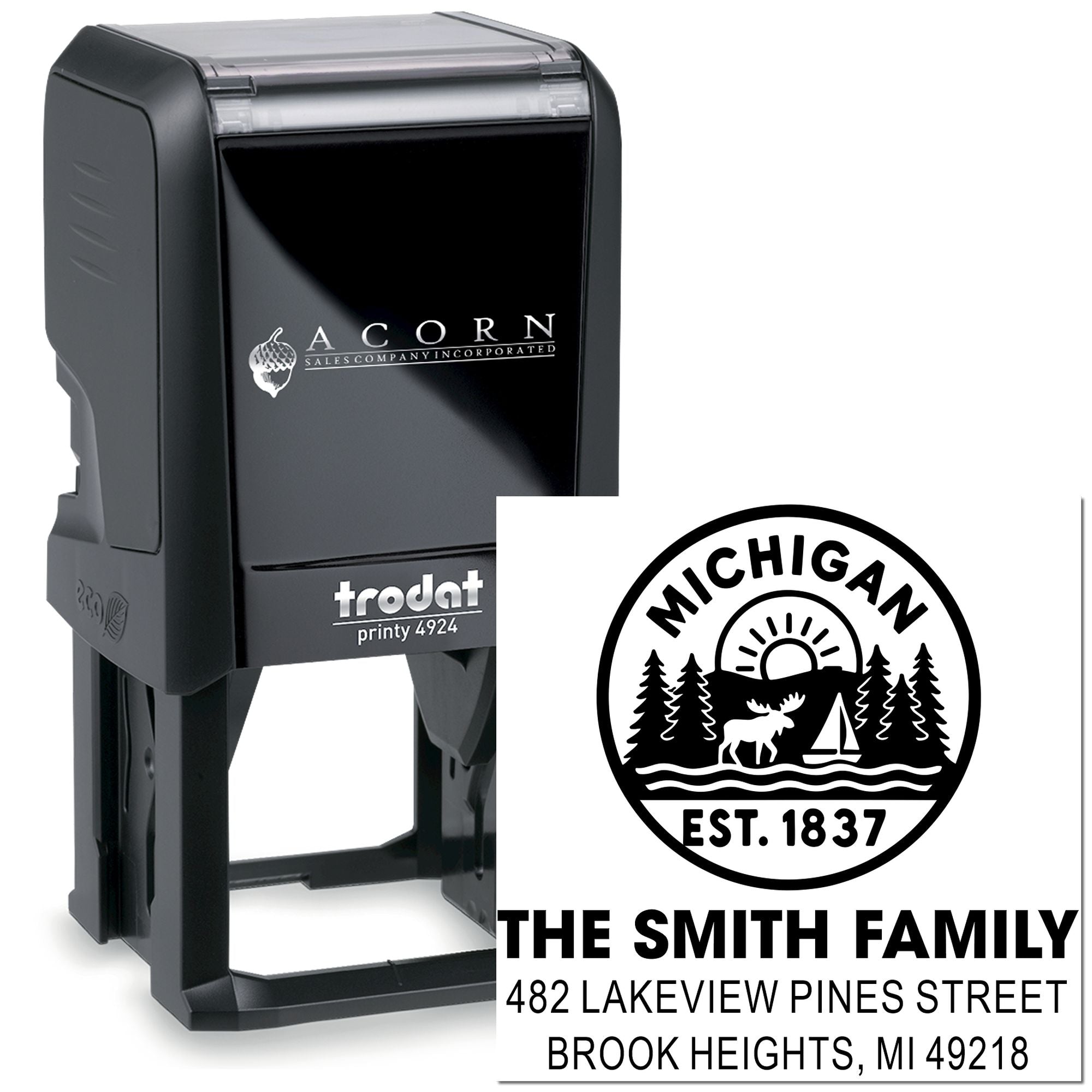 Custom self-inking rubber address stamp with Michigan family logo and address, ideal for personalized mailing and branding.