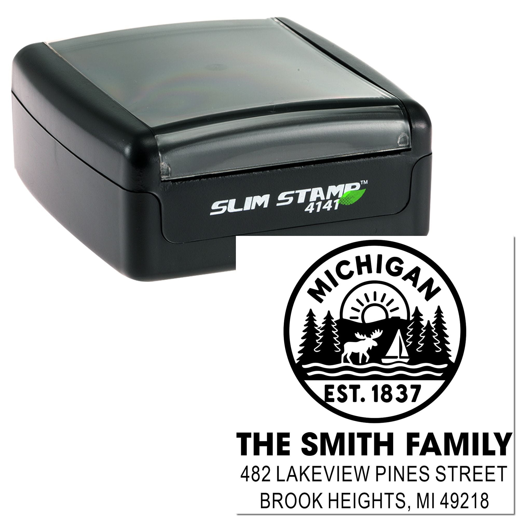 Custom self-inking rubber stamp with Michigan family logo and address, ideal for personalized return address stamping.