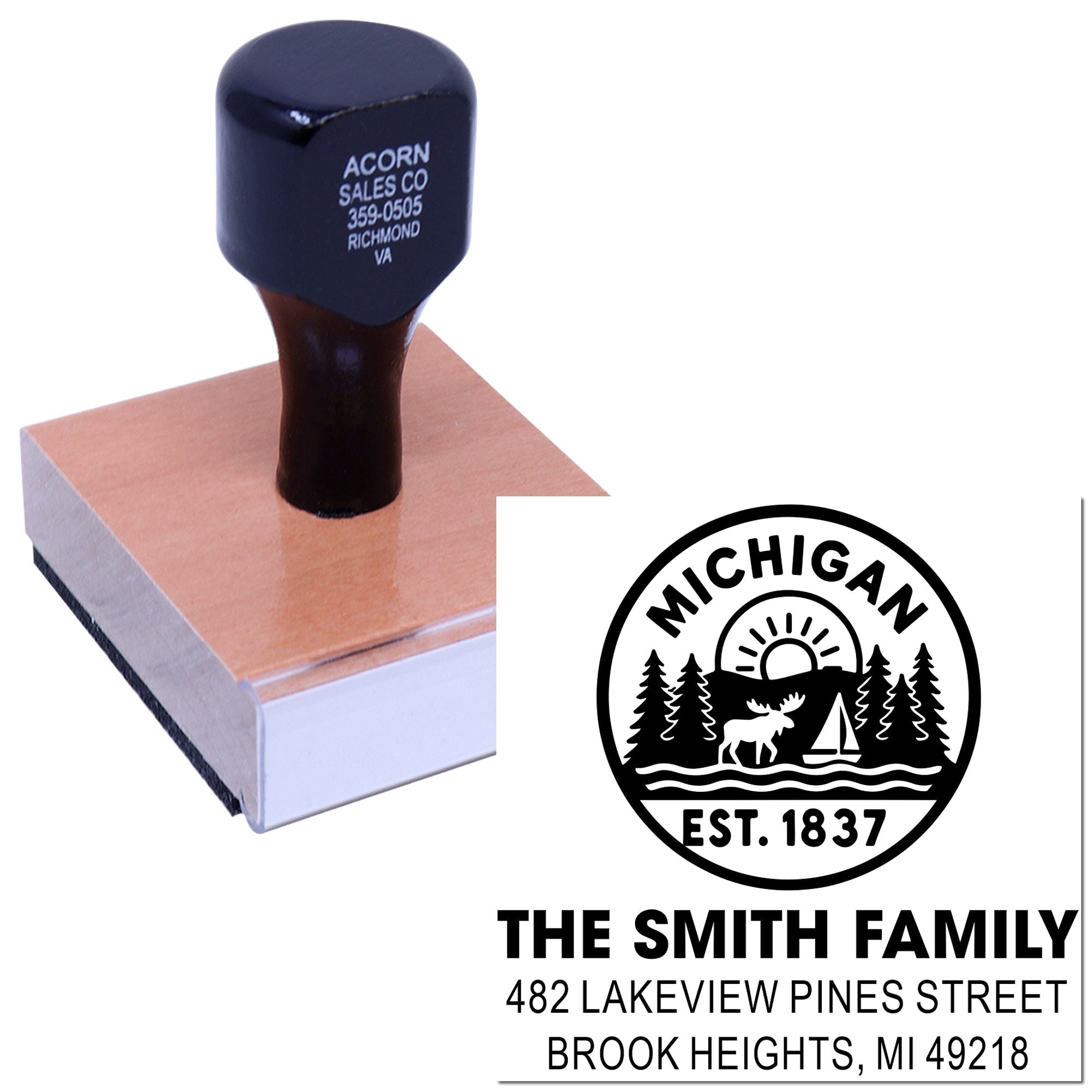 Custom rubber stamp with Michigan family logo and address, showing a personalized return address stamp design.