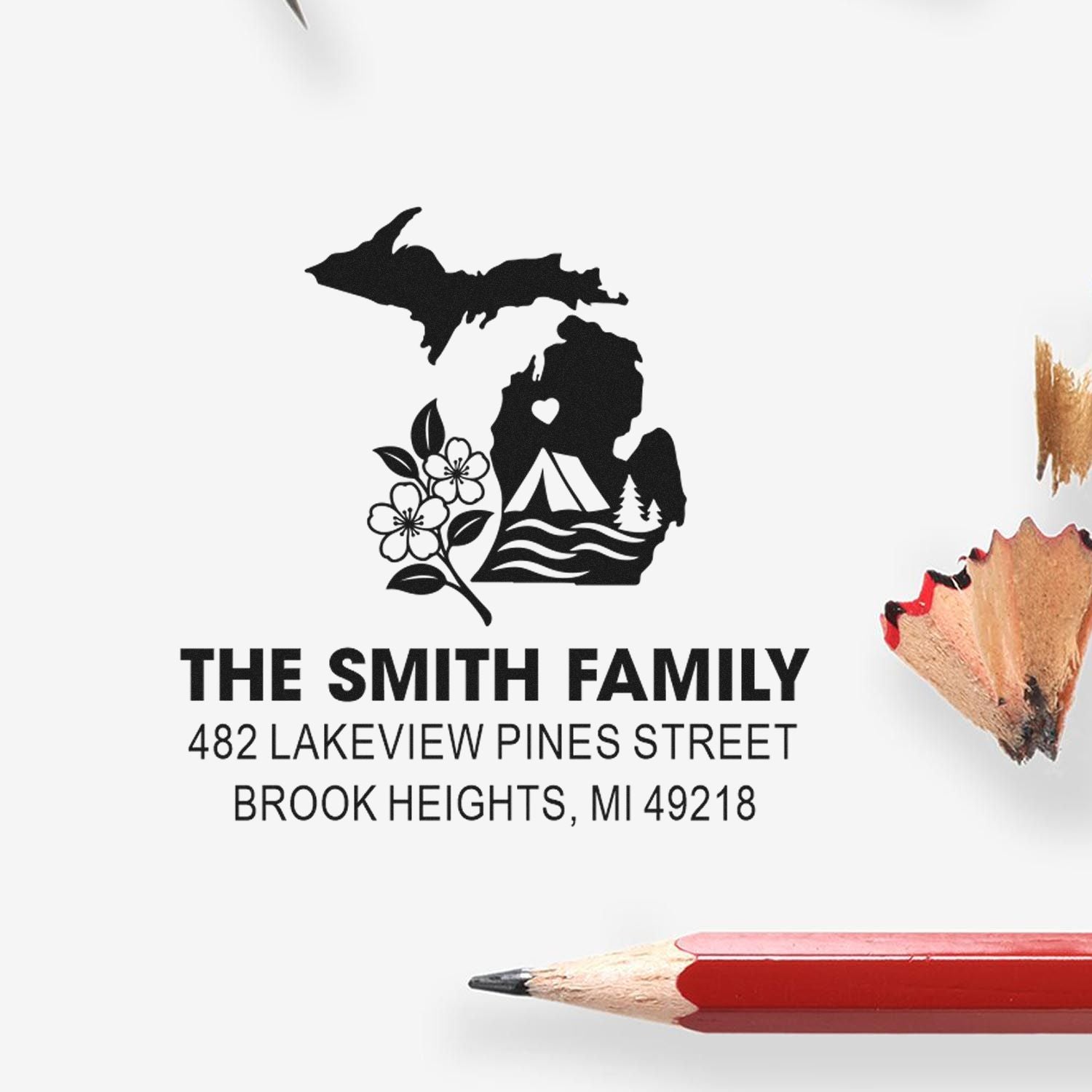 Custom family return address rubber stamp with Michigan silhouette, camping scene, and address for The Smith Family.