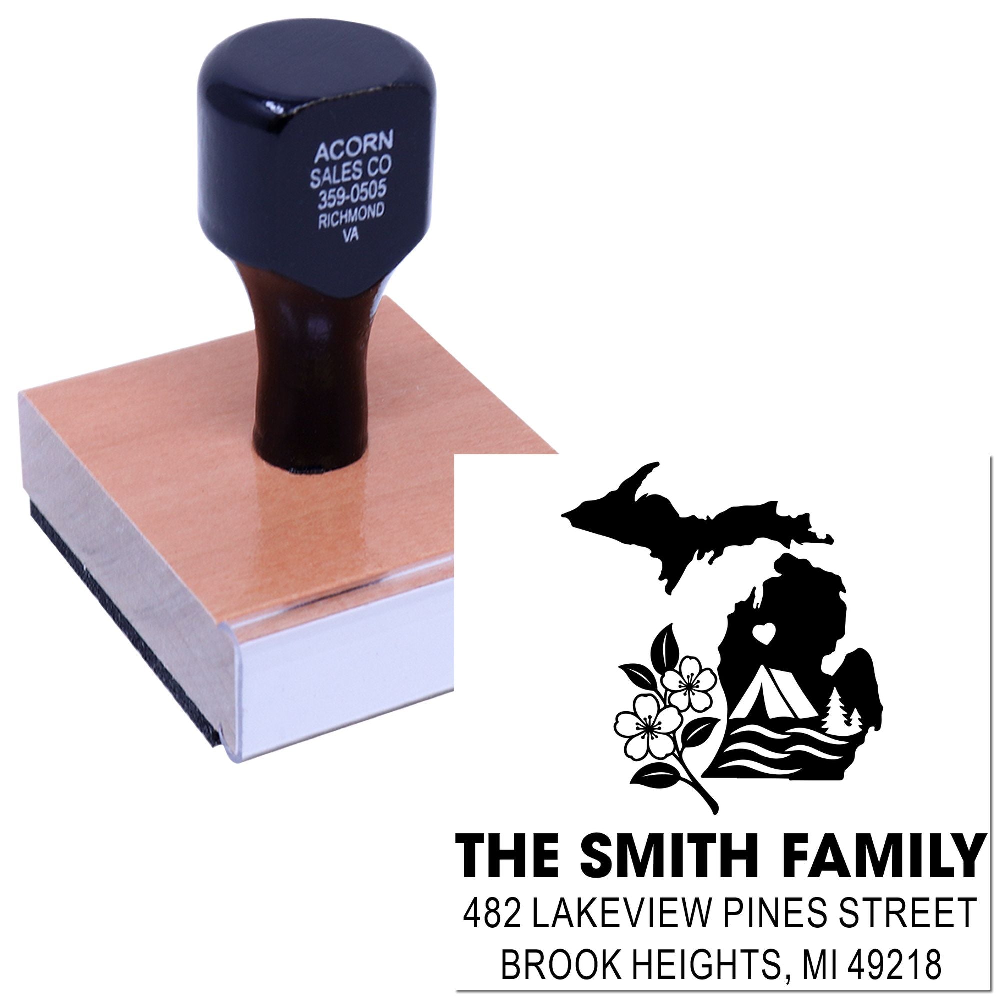 Custom Michigan return address rubber stamp with family name, address, and lake cabin silhouette.