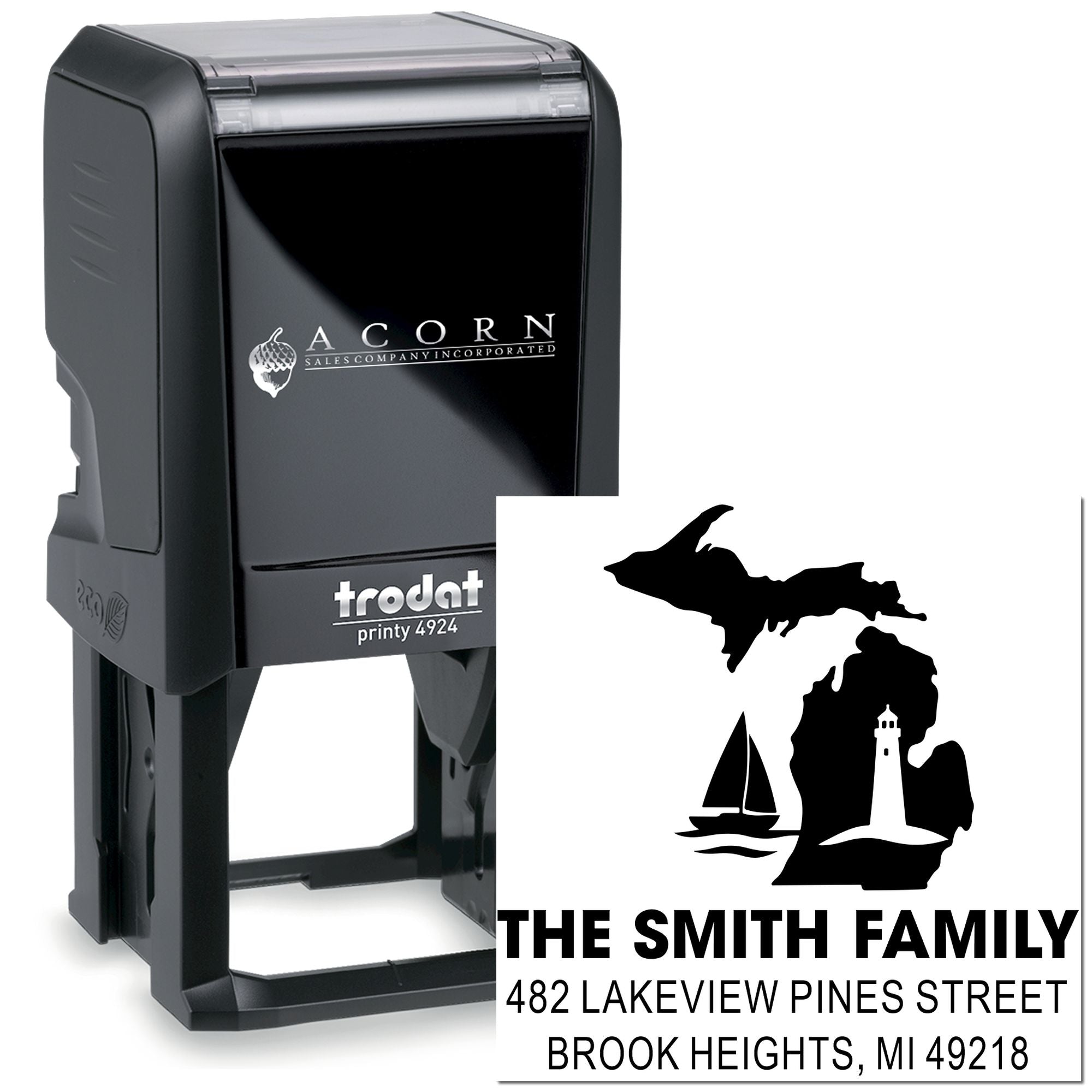 Custom self-inking rubber address stamp for The Smith Family, with Michigan lighthouse design and return address.