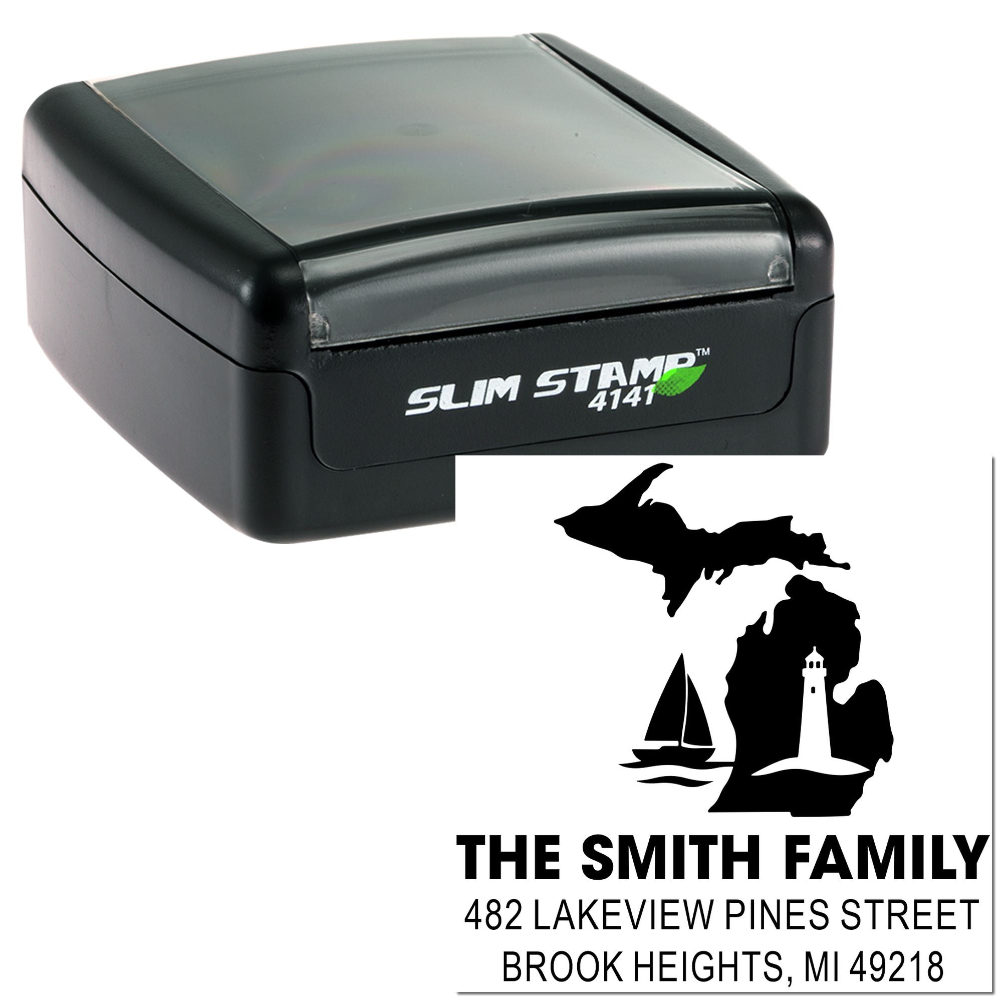 Custom self-inking rubber stamp with Michigan lighthouse family address design for mailing labels.