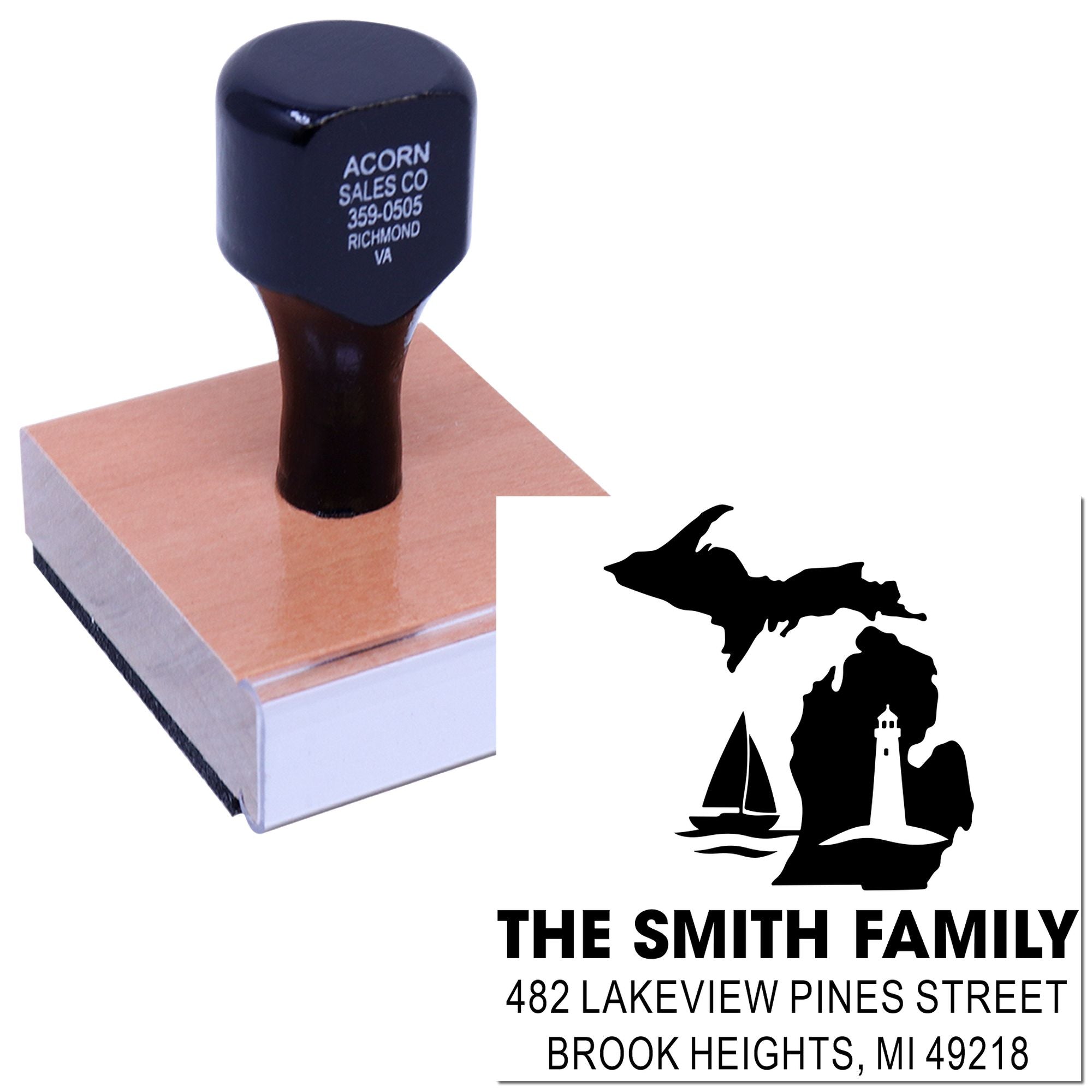 Custom address rubber stamp with Michigan family name, sailboat and lighthouse logo for personalized mailing.