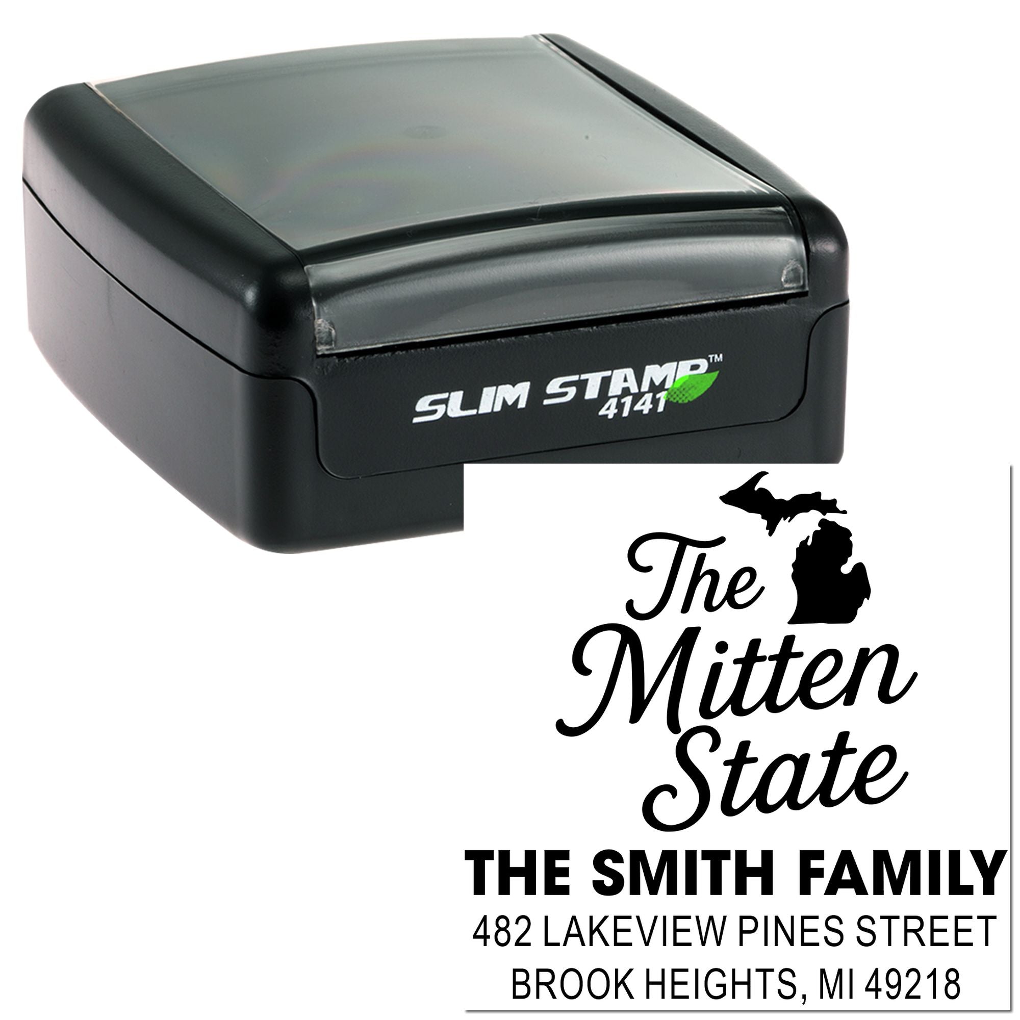 Self-inking Slim Stamp 4141 custom Michigan address rubber stamp for The Smith Family, The Mitten State.