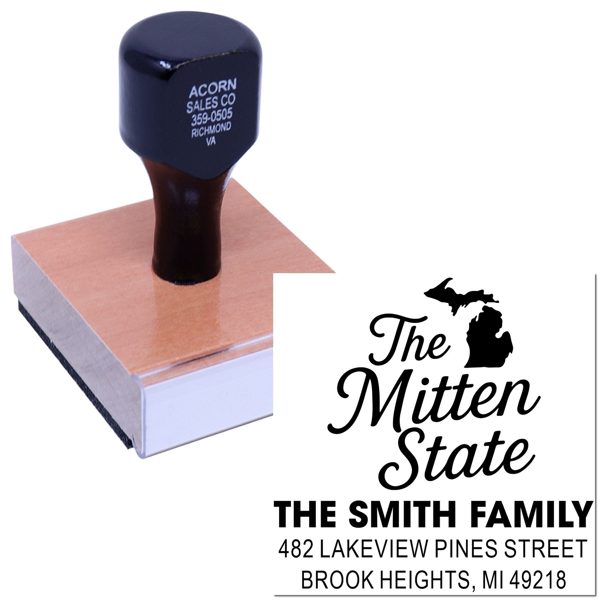 Custom Michigan return address rubber stamp for The Mitten State family, with self-inking stamp and address impression preview.