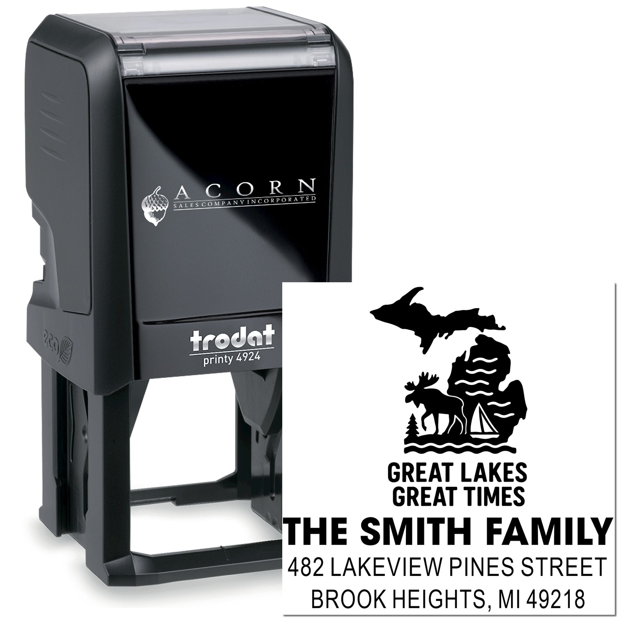 Custom self-inking rubber stamp with Great Lakes design, family name and address, shown on Trodat Printy 4924 stamp.