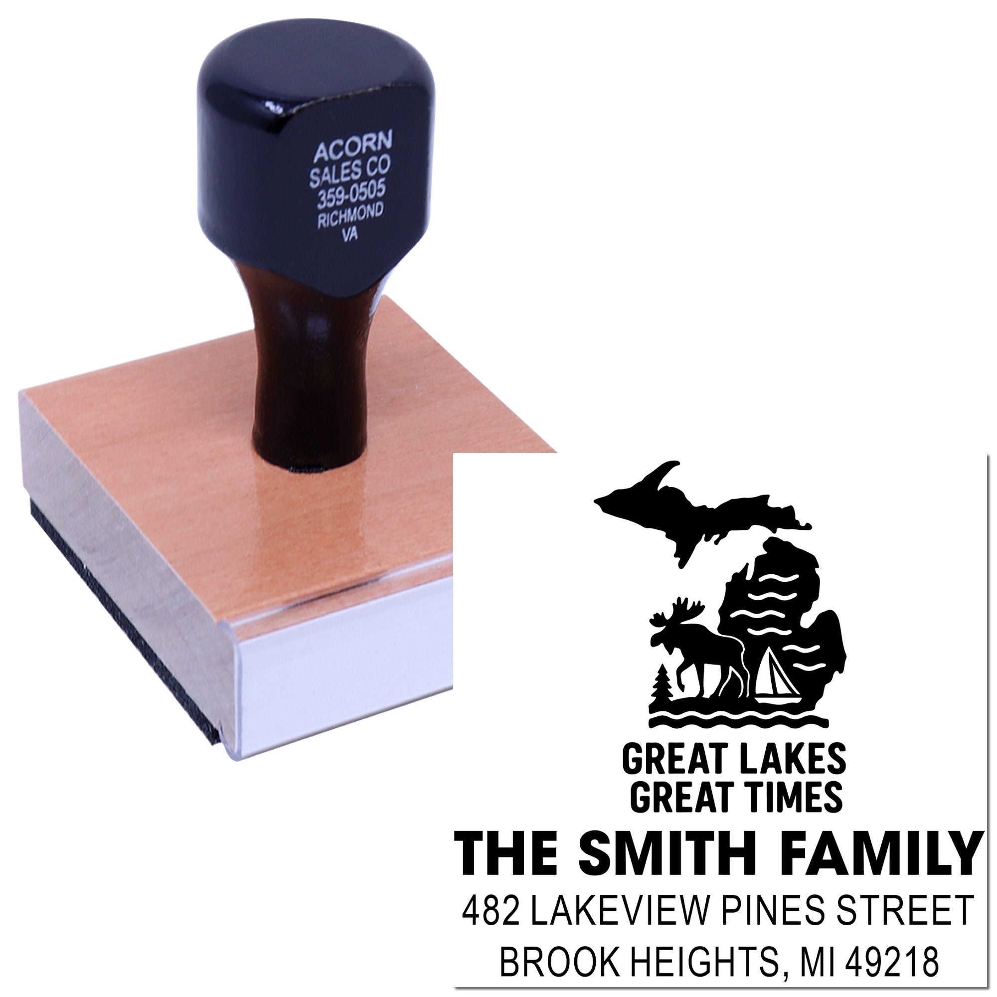 Custom rubber address stamp with Great Lakes design and Smith Family return address imprint.