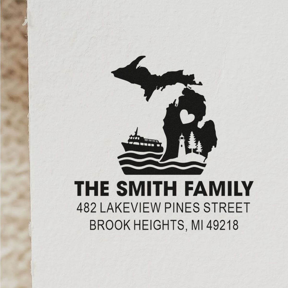 Personalized Michigan return address rubber stamp with family name, lighthouse, ferry and lake design for custom mailings