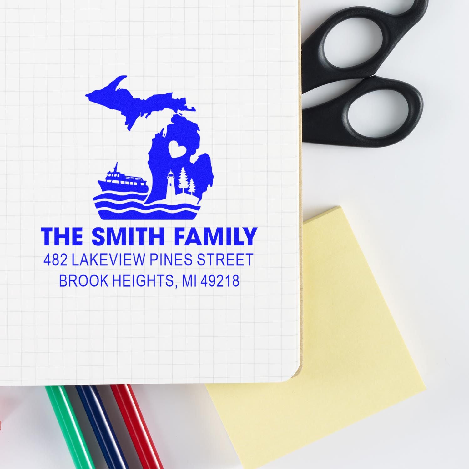 Custom Michigan return address rubber stamp for The Smith Family, Brook Heights, MI.