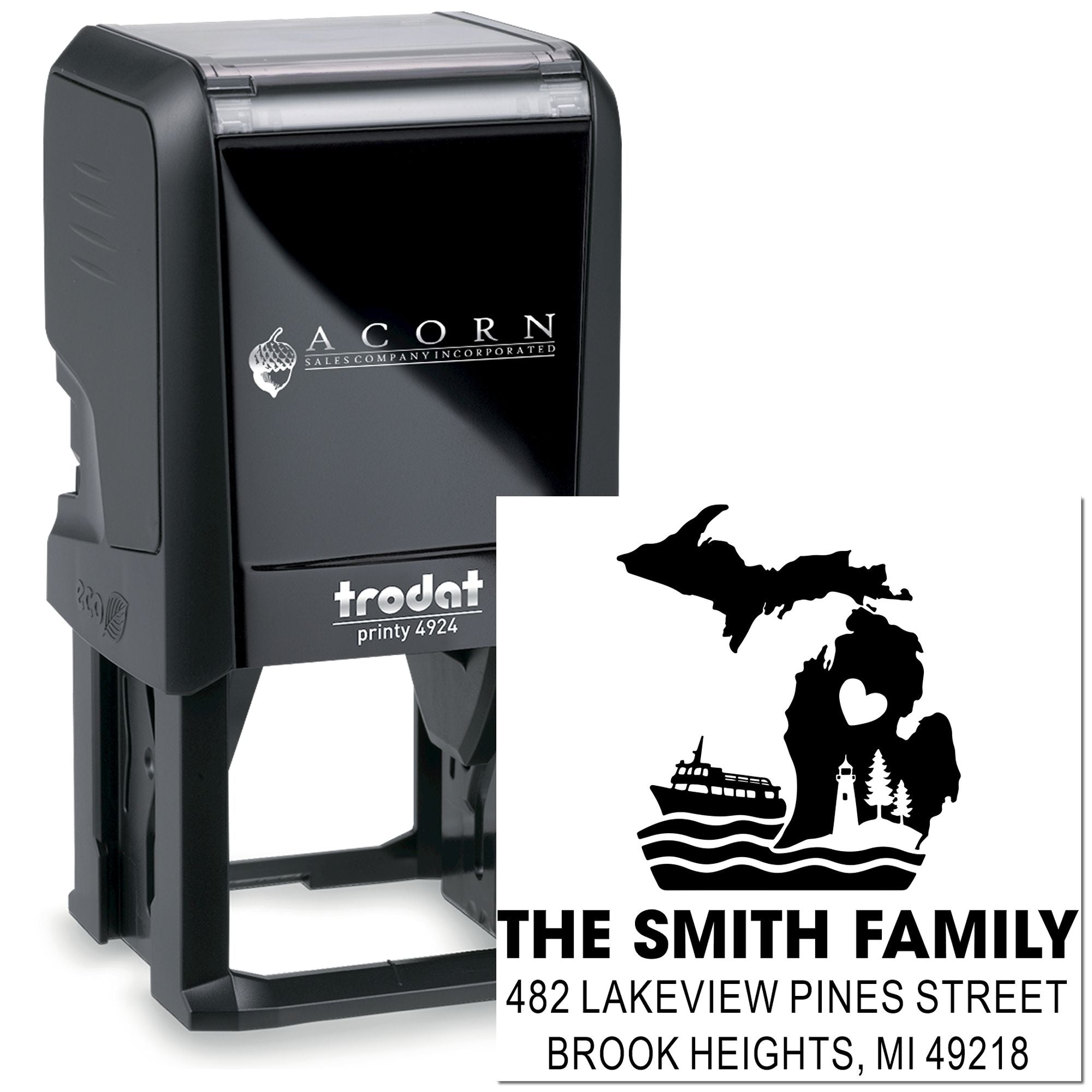 Trodat Printy 4924 custom self-inking return address rubber stamp with Michigan family design