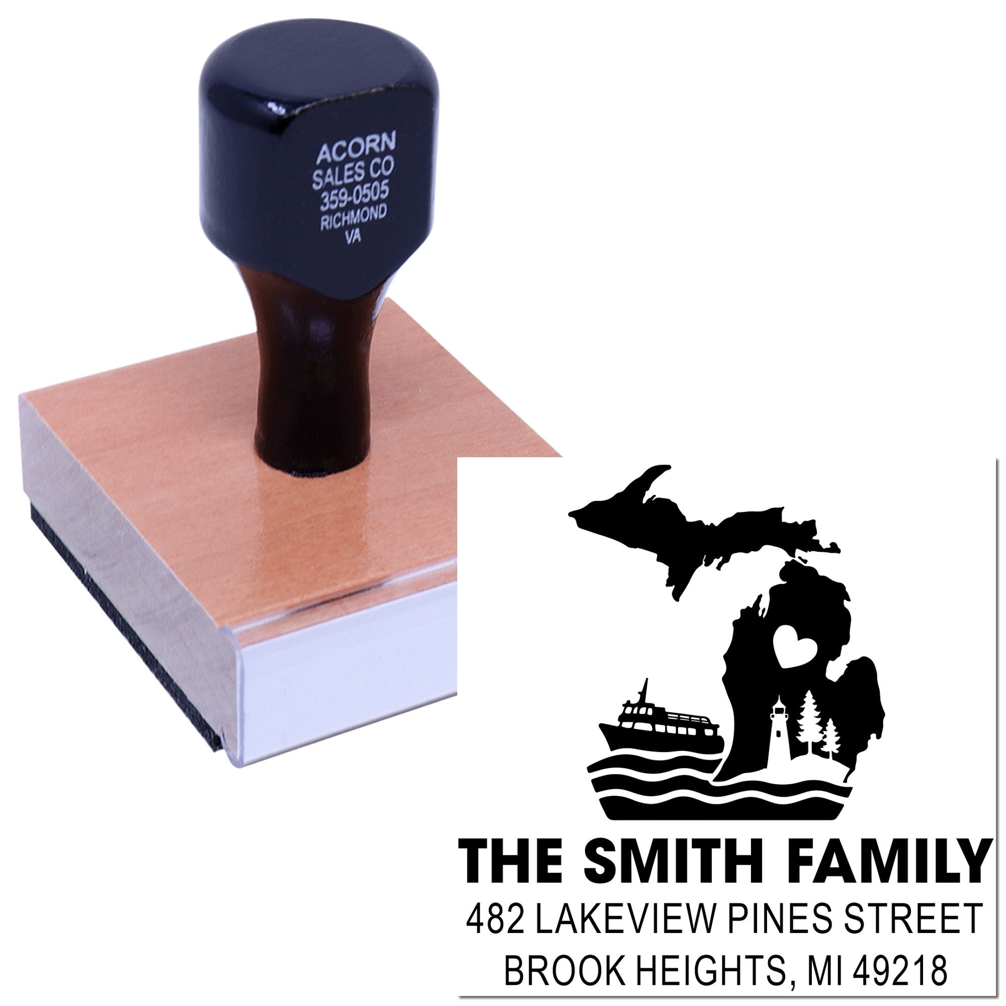 Custom rubber address stamp with Michigan family design and return address for personalized mailings.