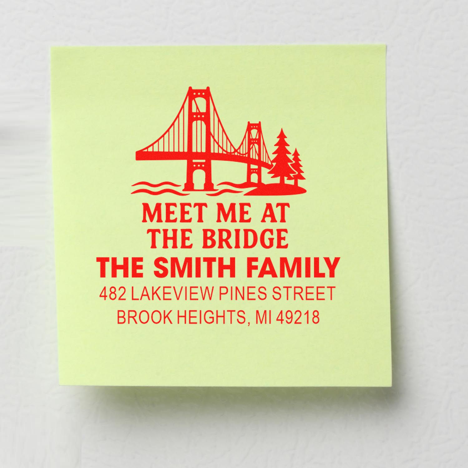 Custom family address rubber stamp with bridge design and return address for The Smith Family in Brook Heights, MI.