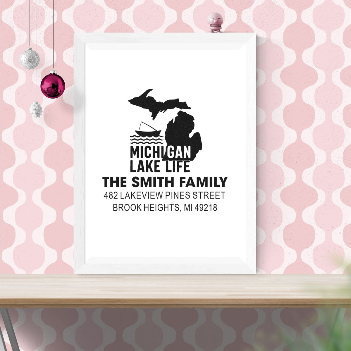 Personalized Michigan lake life return address rubber stamp with family name and home address for custom stationery.