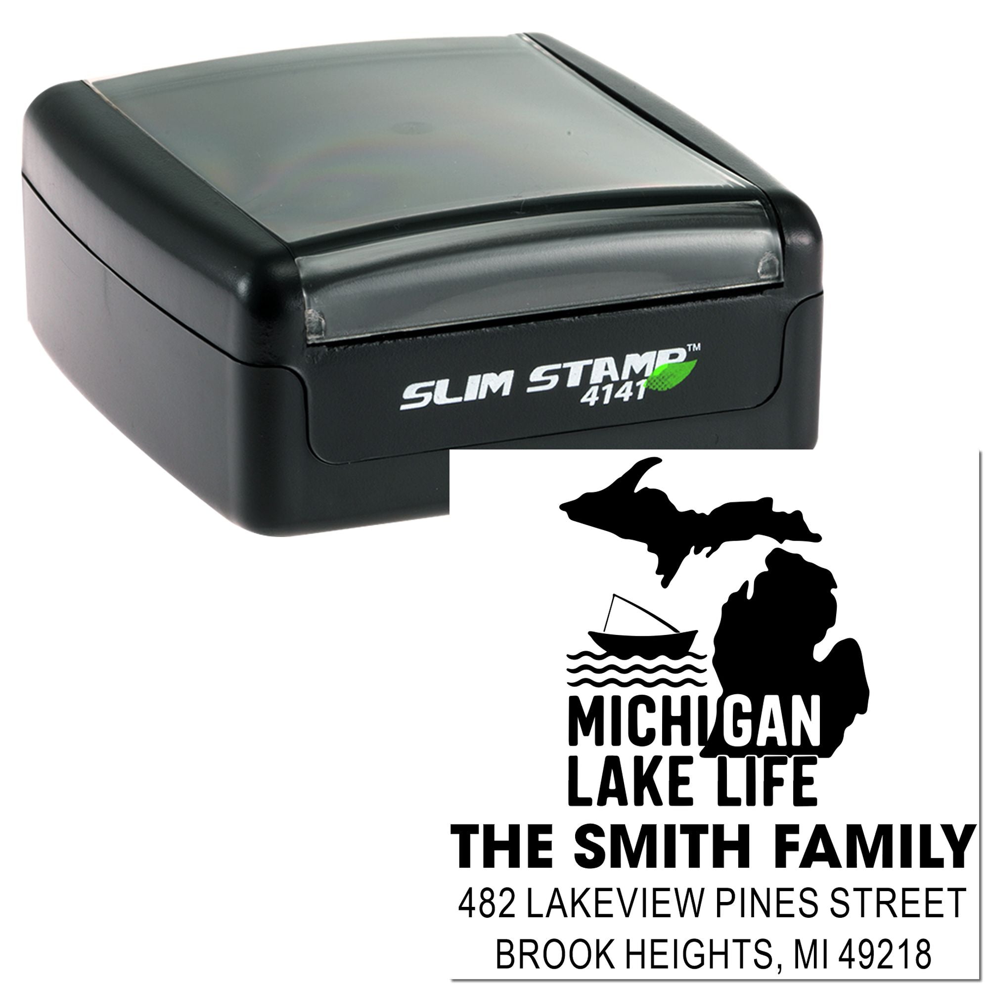 Custom Michigan Lake Life self-inking rubber stamp with family name and return address, Slim Stamp 4141.