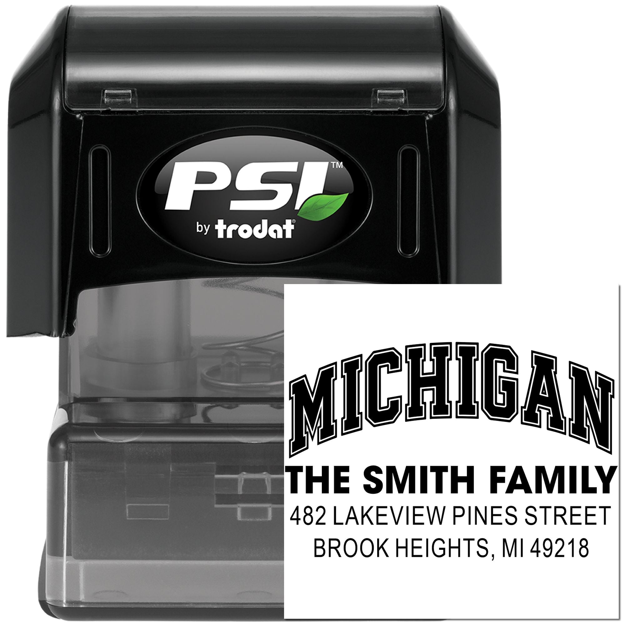 Custom self-inking address rubber stamp by PSI Trodat with Michigan family name and mailing address imprint.