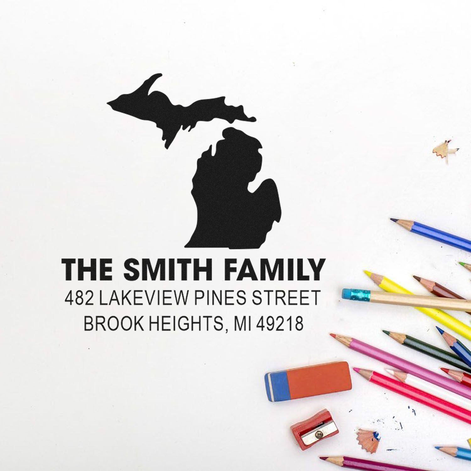 Personalized Michigan family return address rubber stamp with The Smith Family and Brook Heights, MI address.