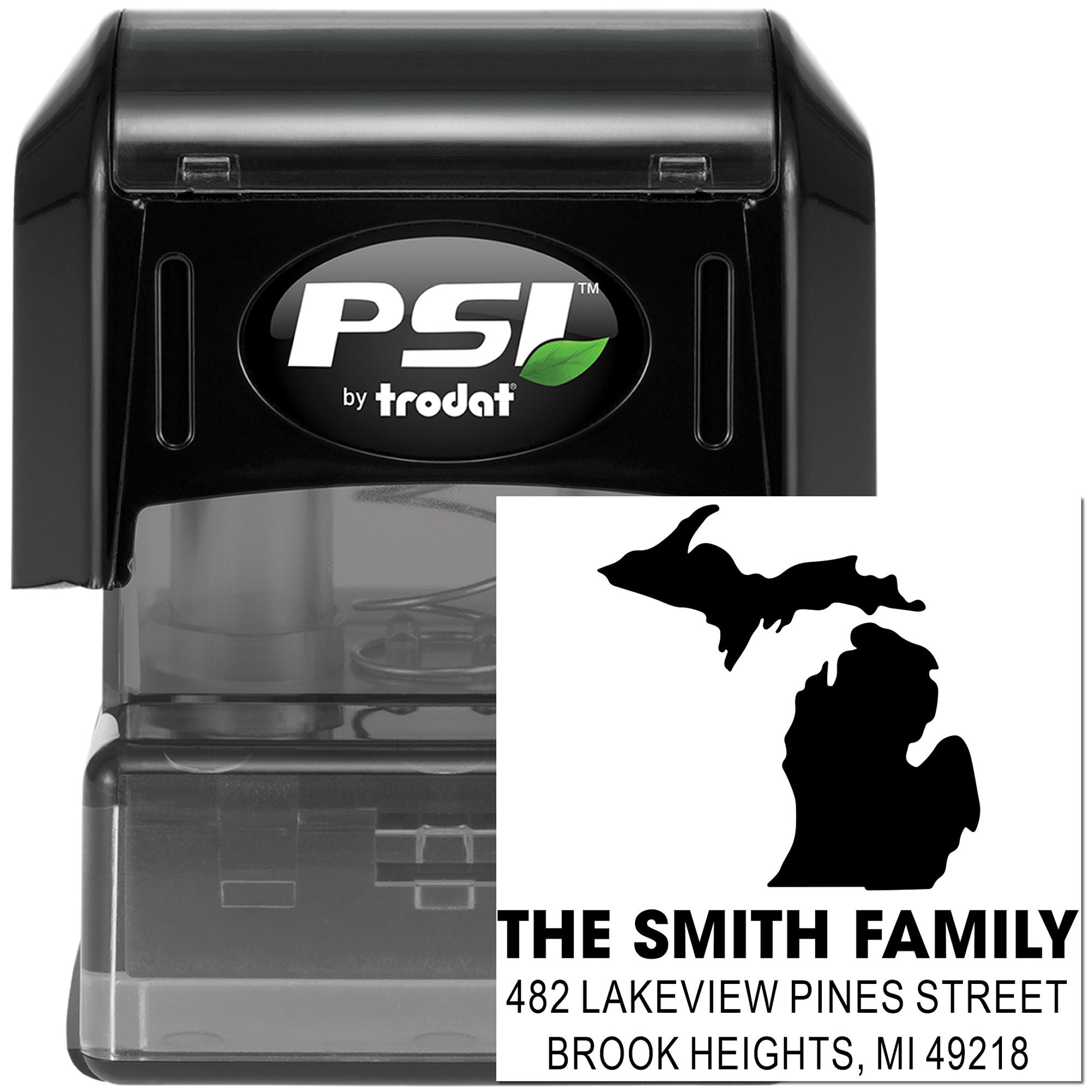 Custom Michigan return address self-inking rubber stamp by PSI Trodat with family name, address, and state silhouette.