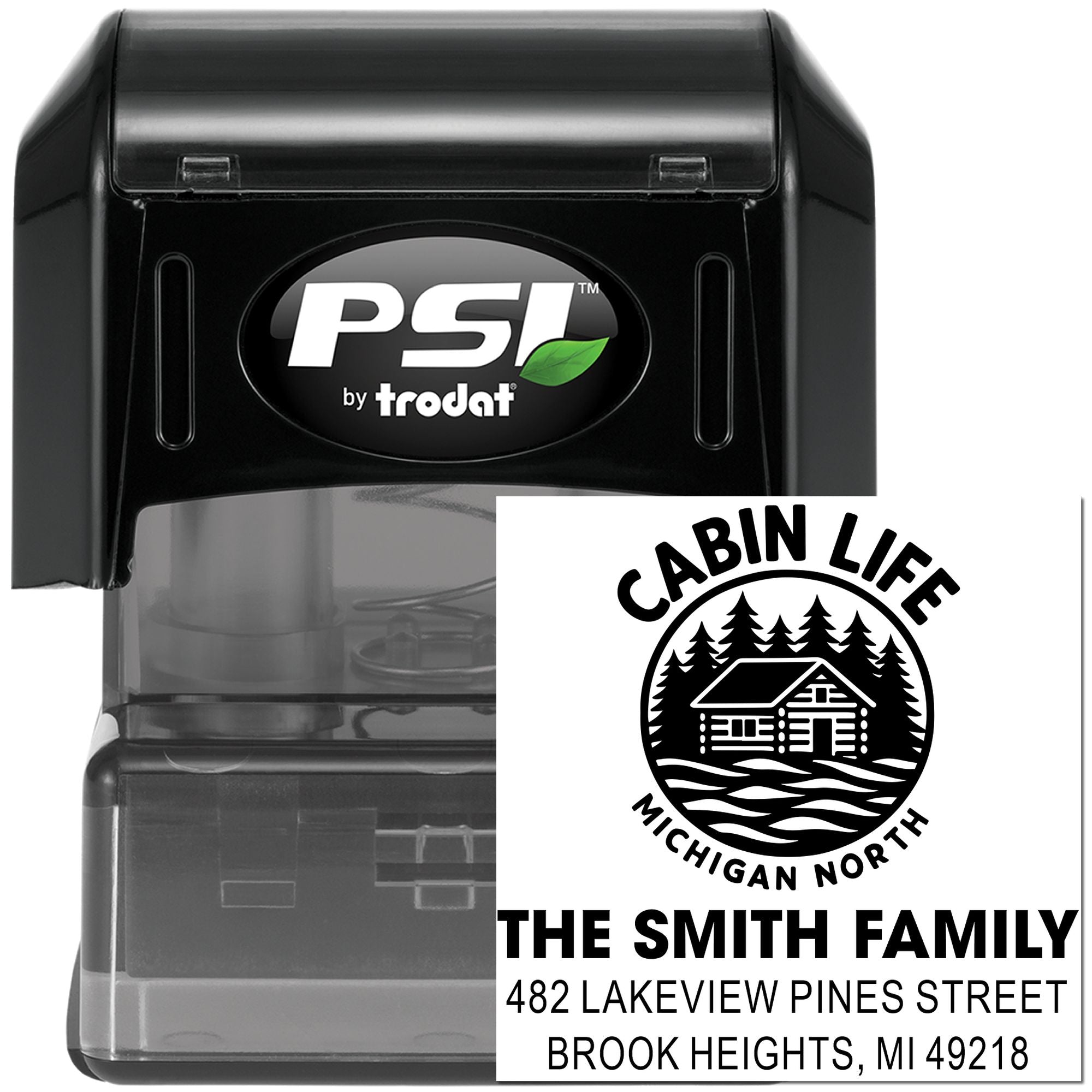 Custom self-inking return address rubber stamp with Cabin Life design for The Smith Family, Brook Heights, MI