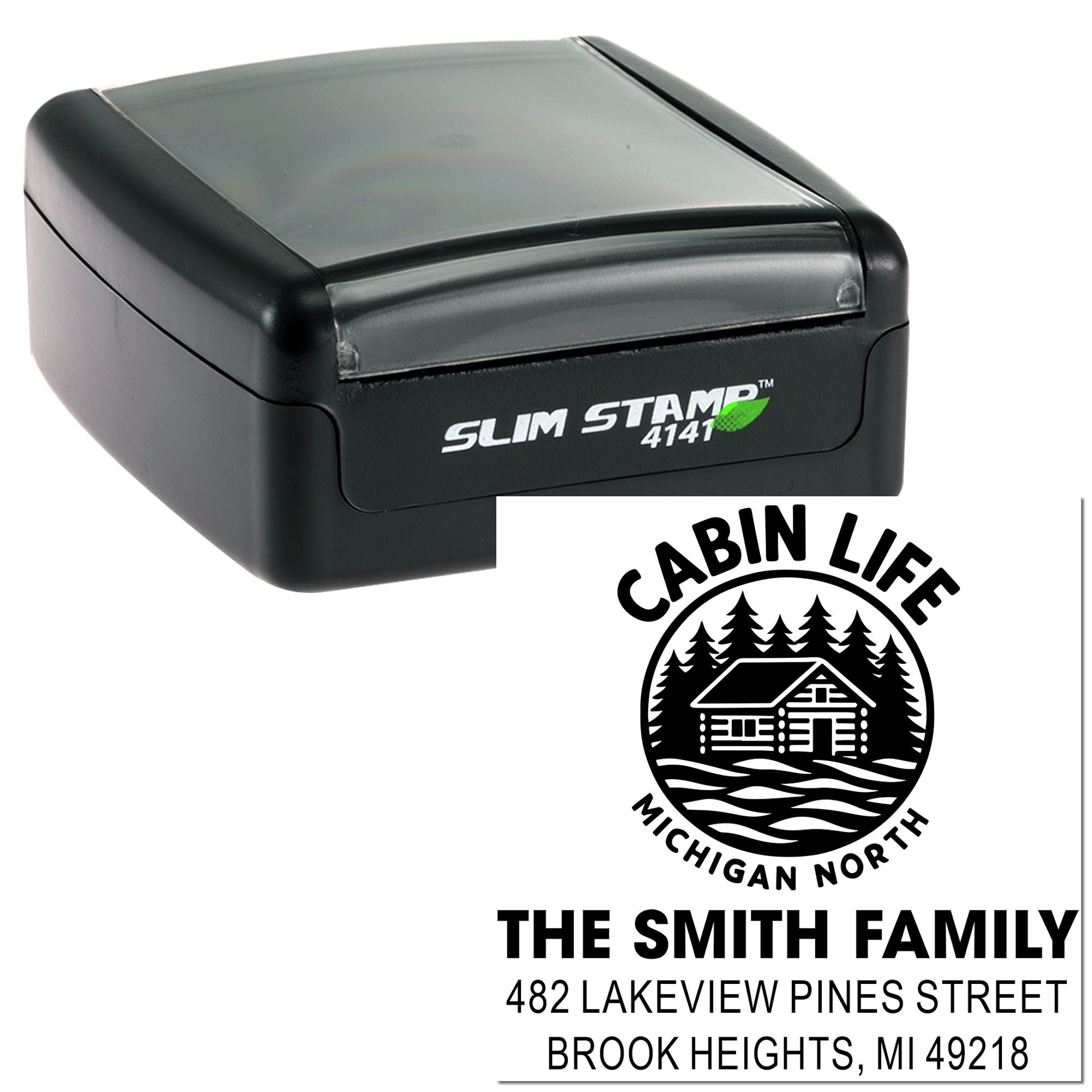 Custom self-inking rubber stamp with cabin life family address design for personalized mailing and home use.