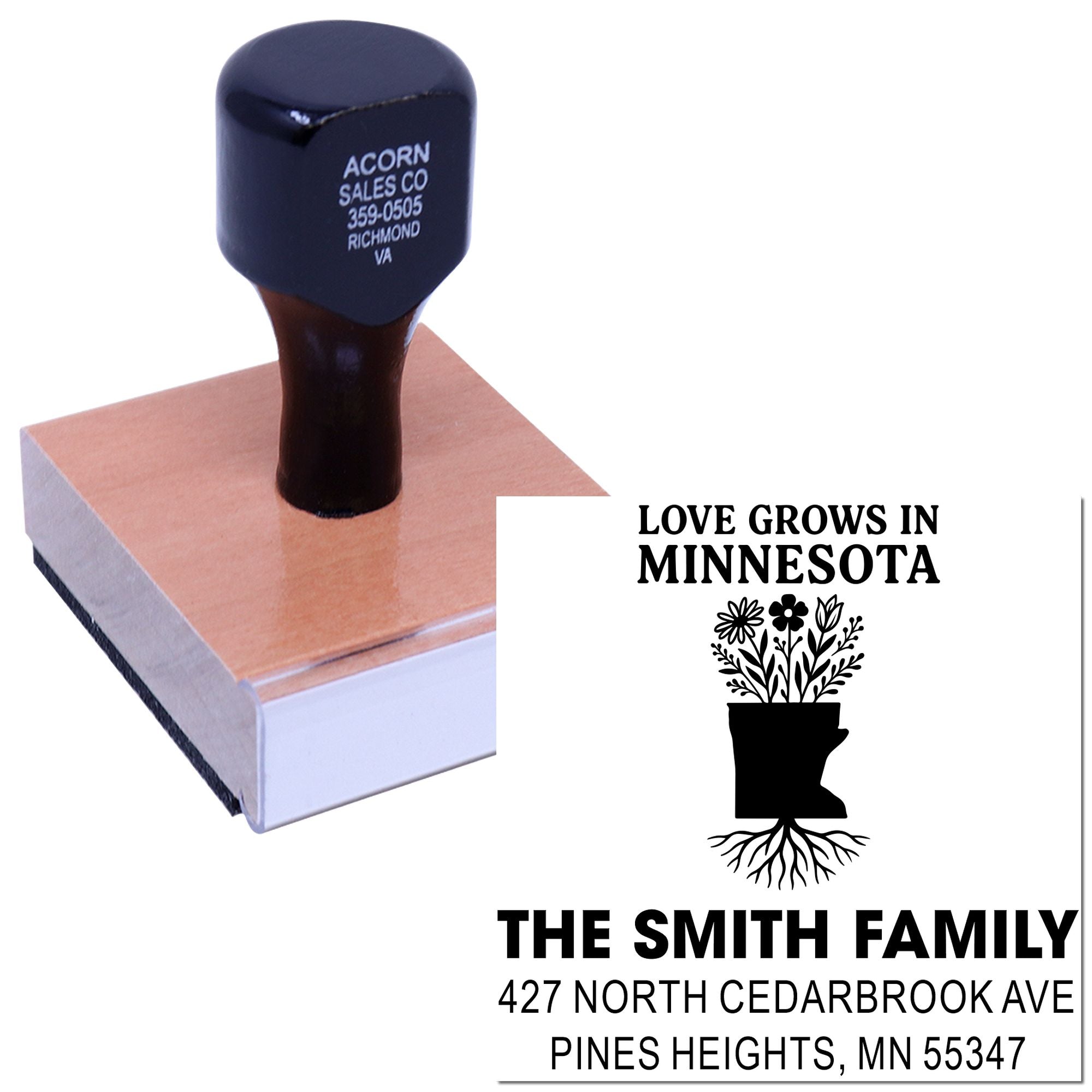 Custom rubber address stamp with Minnesota family return address and Love Grows in Minnesota floral design.