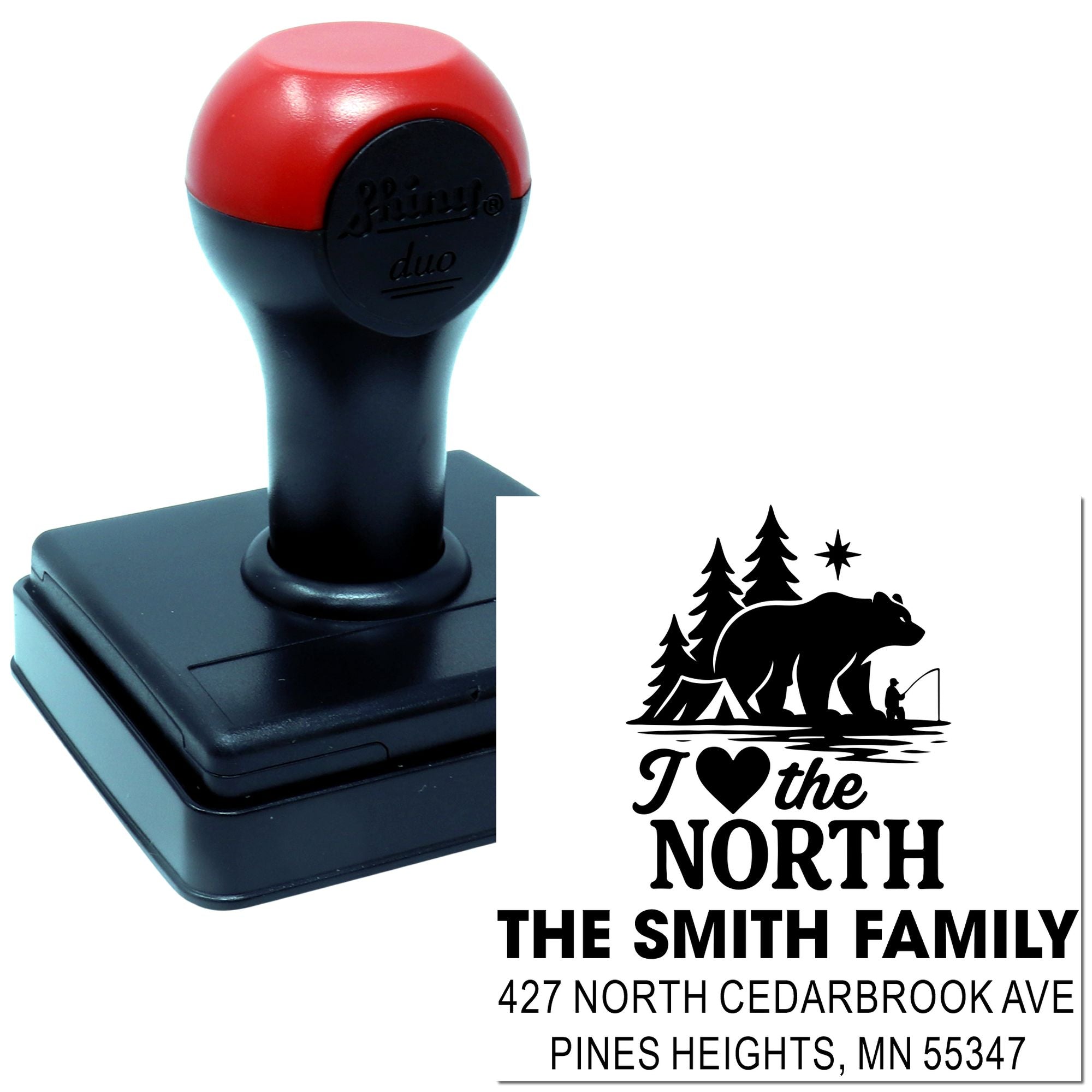 Custom self-inking address stamp with I Love the North bear design and Smith family return address imprint.
