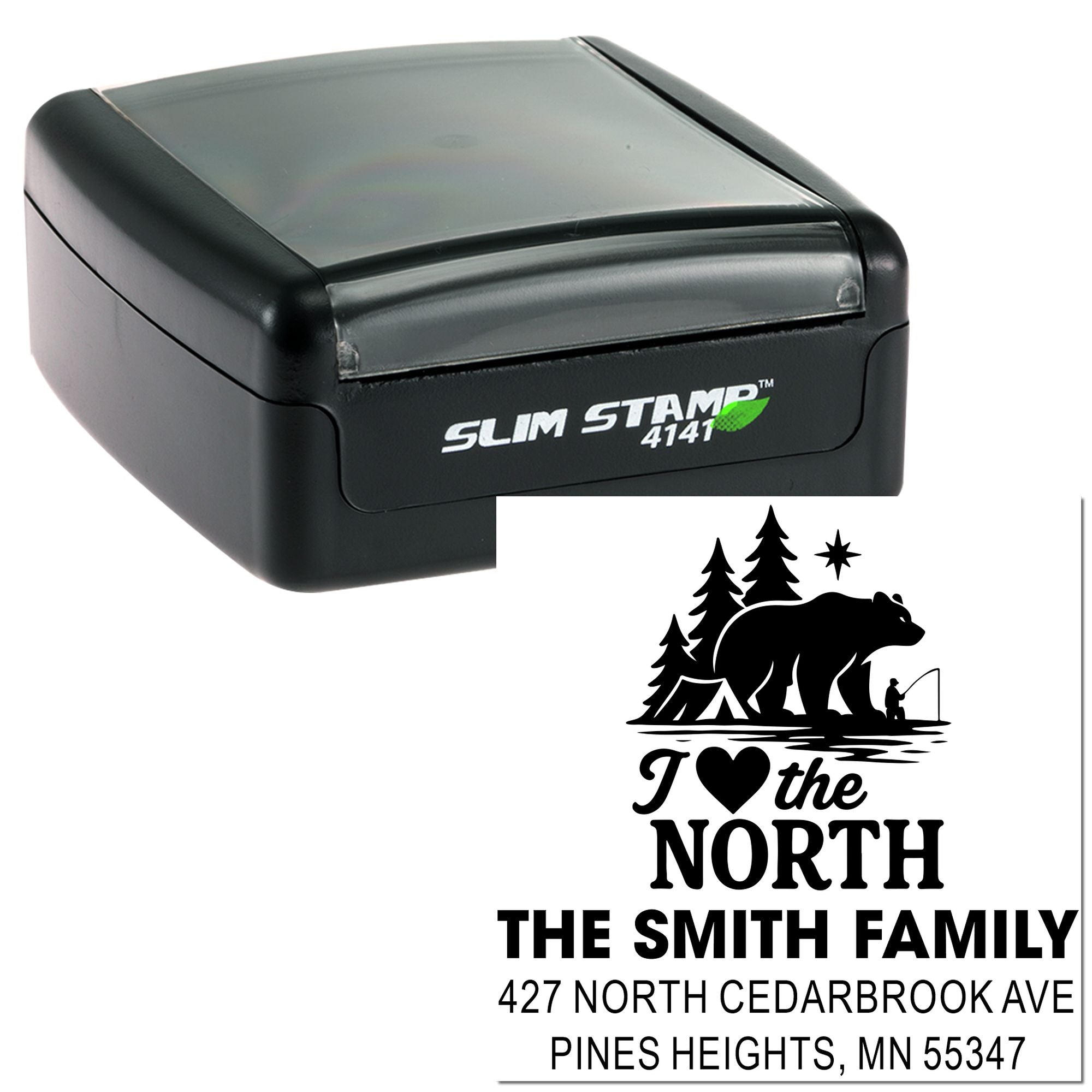 Custom self-inking rubber address stamp with bear camping design and I Love the North family return address.