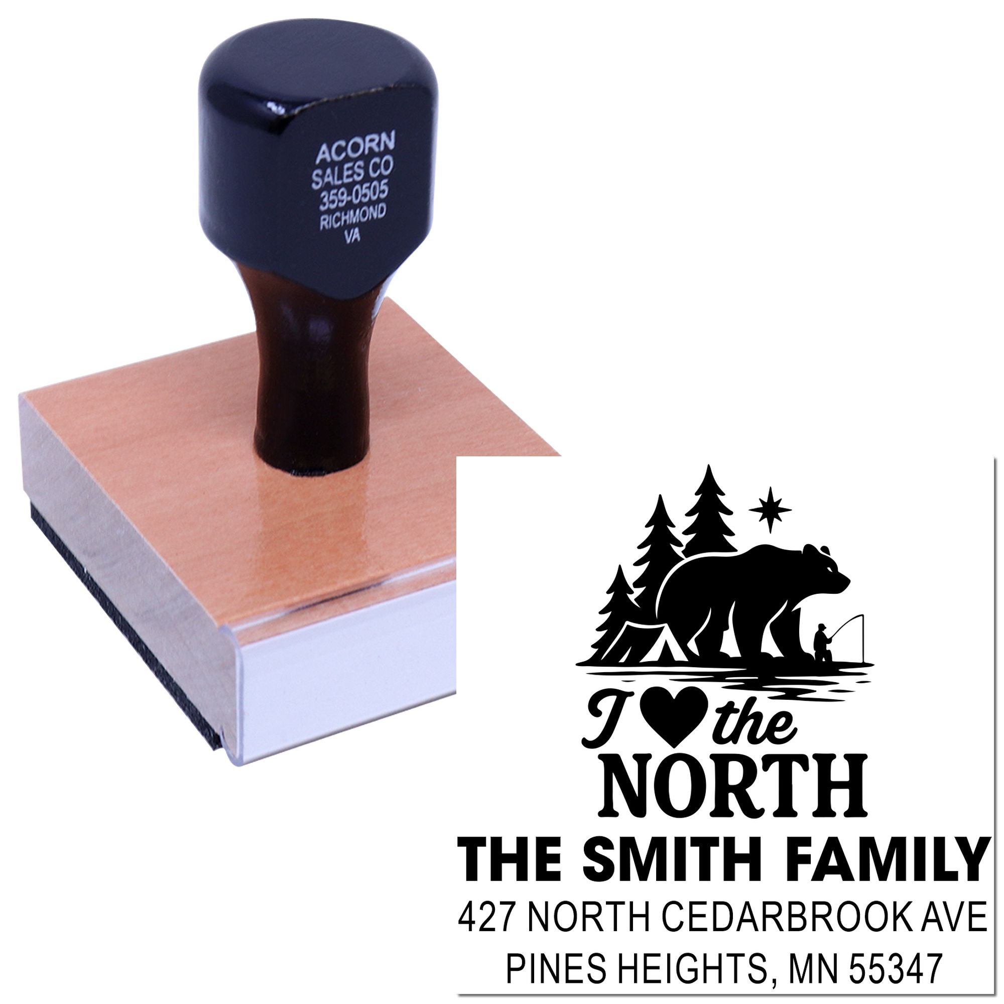Custom rubber address stamp with I Love the North cabin design, Smith family name, and personalized return address for mailing.