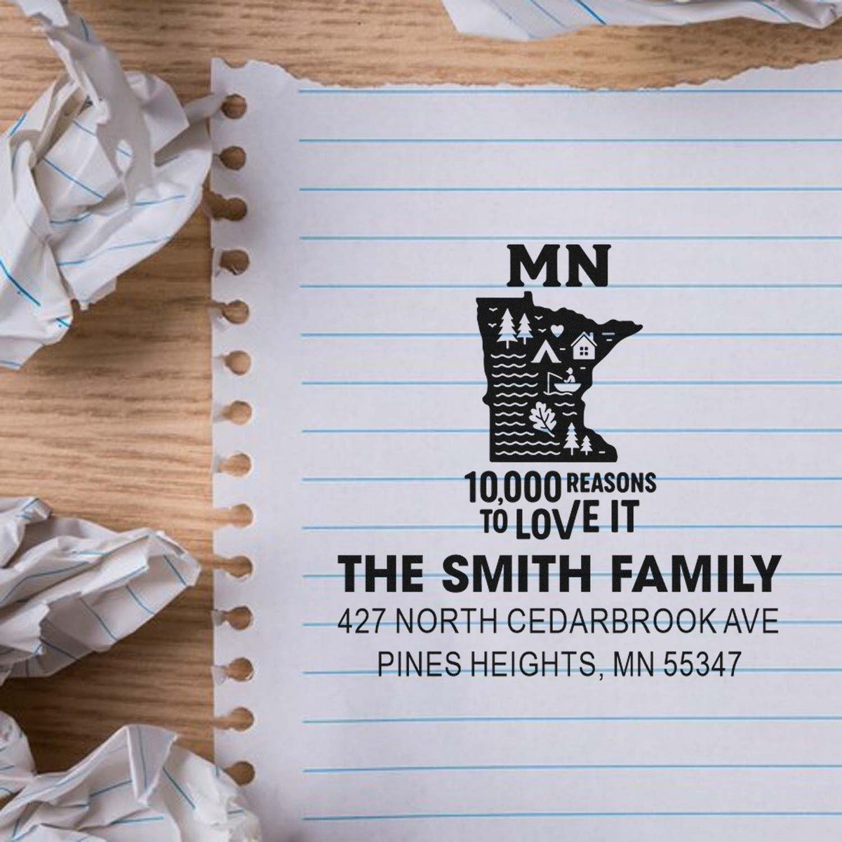 Custom Minnesota return address rubber stamp with family name, house icon, and personalized mailing address.
