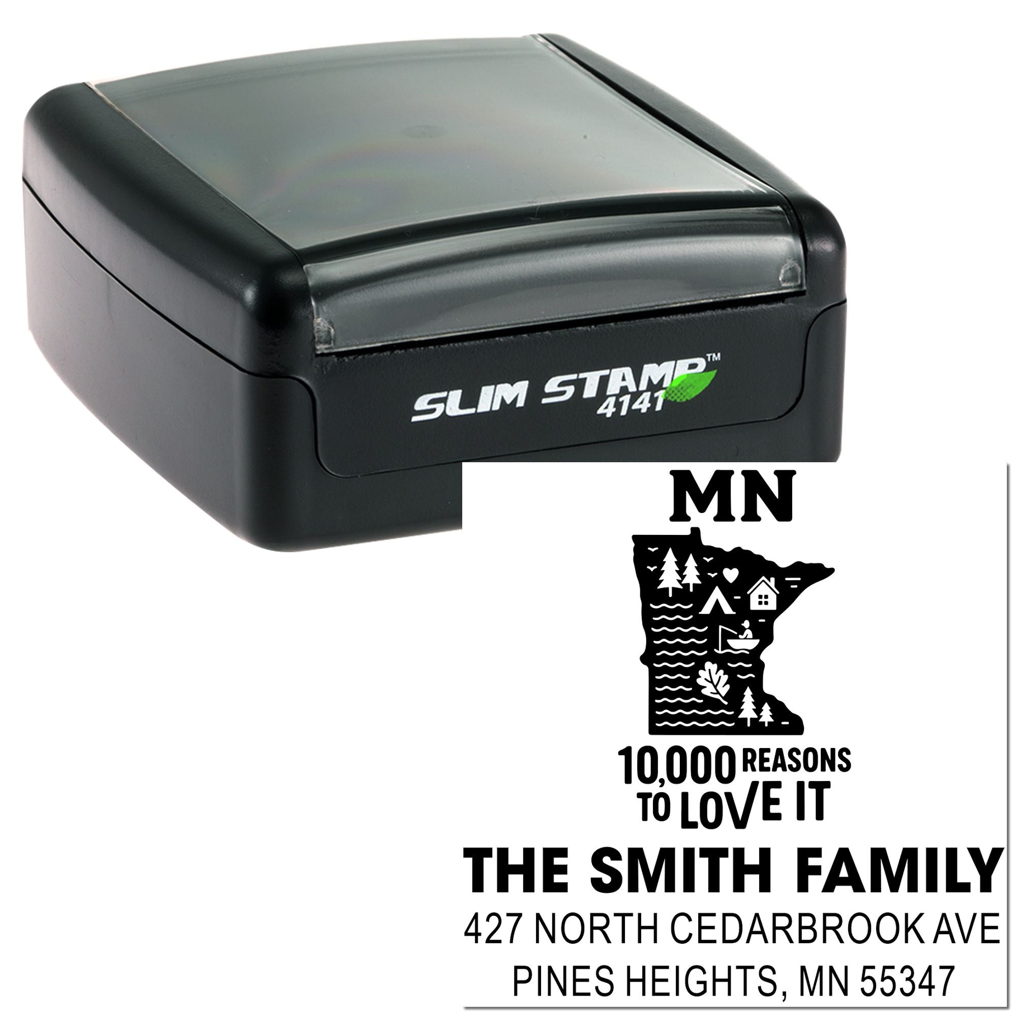 Custom self-inking rubber stamp with Minnesota family address imprint for Pines Heights, MN return mailing.
