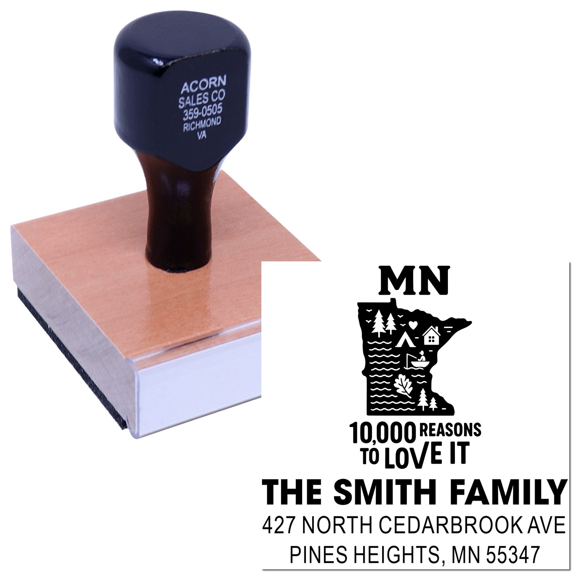 Custom Minnesota family address rubber stamp with state silhouette, 10,000 reasons to love it, and Smith family address imprint.