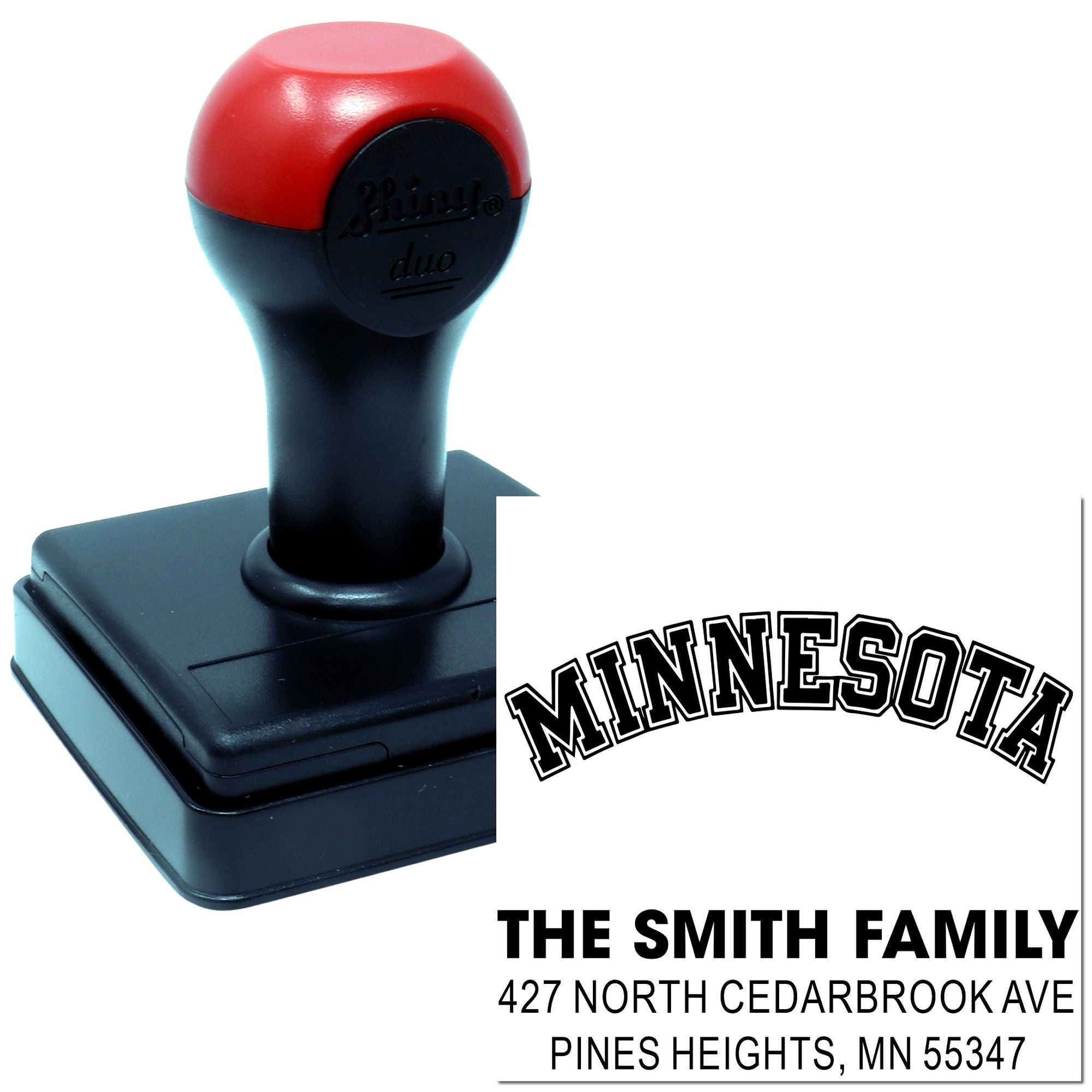 Custom self-inking return address rubber stamp for The Smith Family, with personalized Minnesota address imprint.