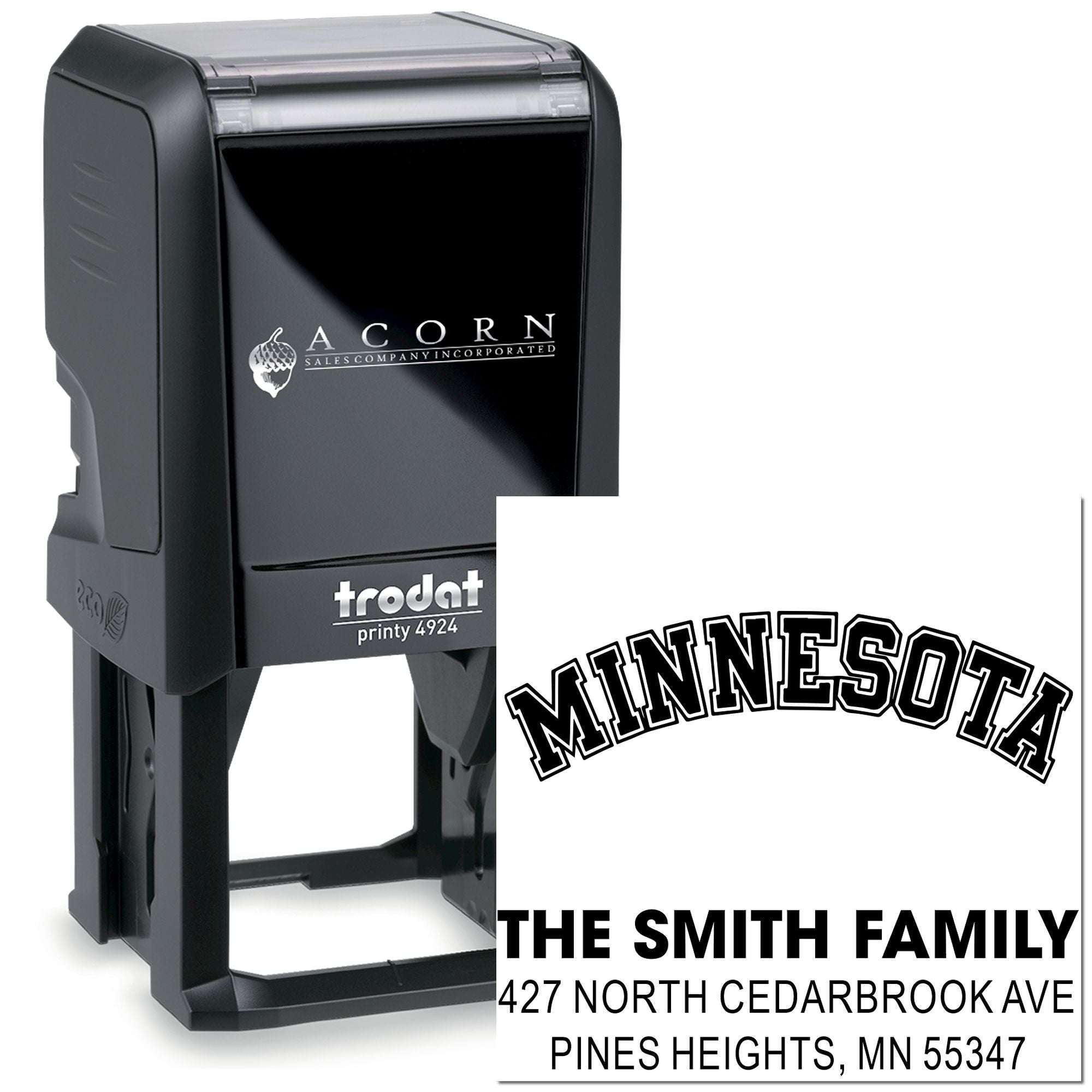 Custom self-inking rubber stamp, Trodat Printy 4924, with Minnesota family address return imprint