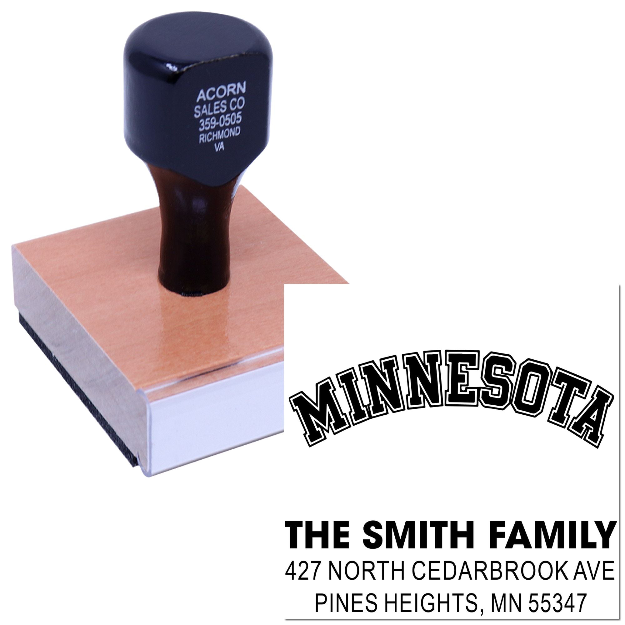 Custom Minnesota rubber stamp with family name and return address for mailing and personalized correspondence.