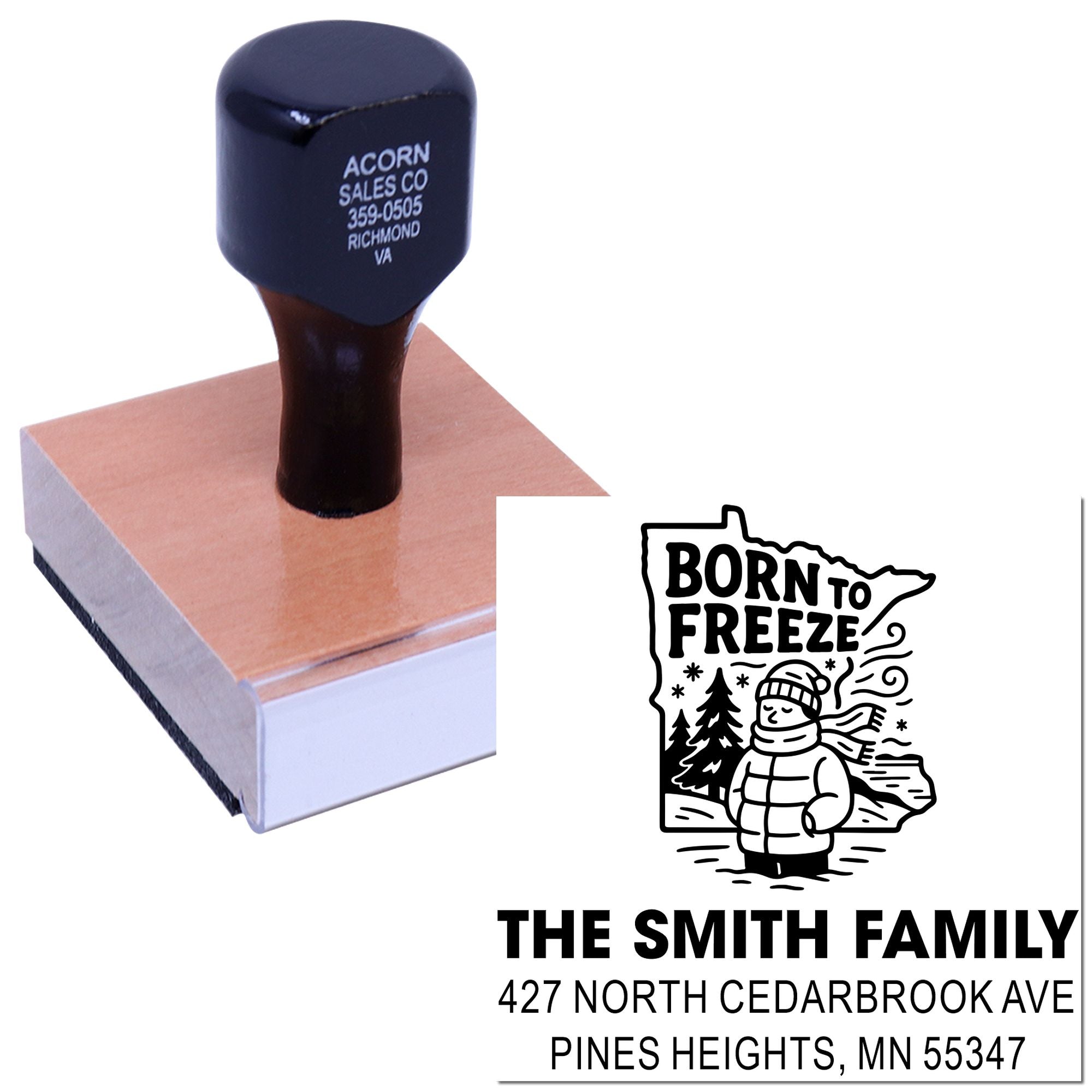 Personalized rubber stamp with Born to Freeze winter design and Smith Family address imprint for custom mailings.