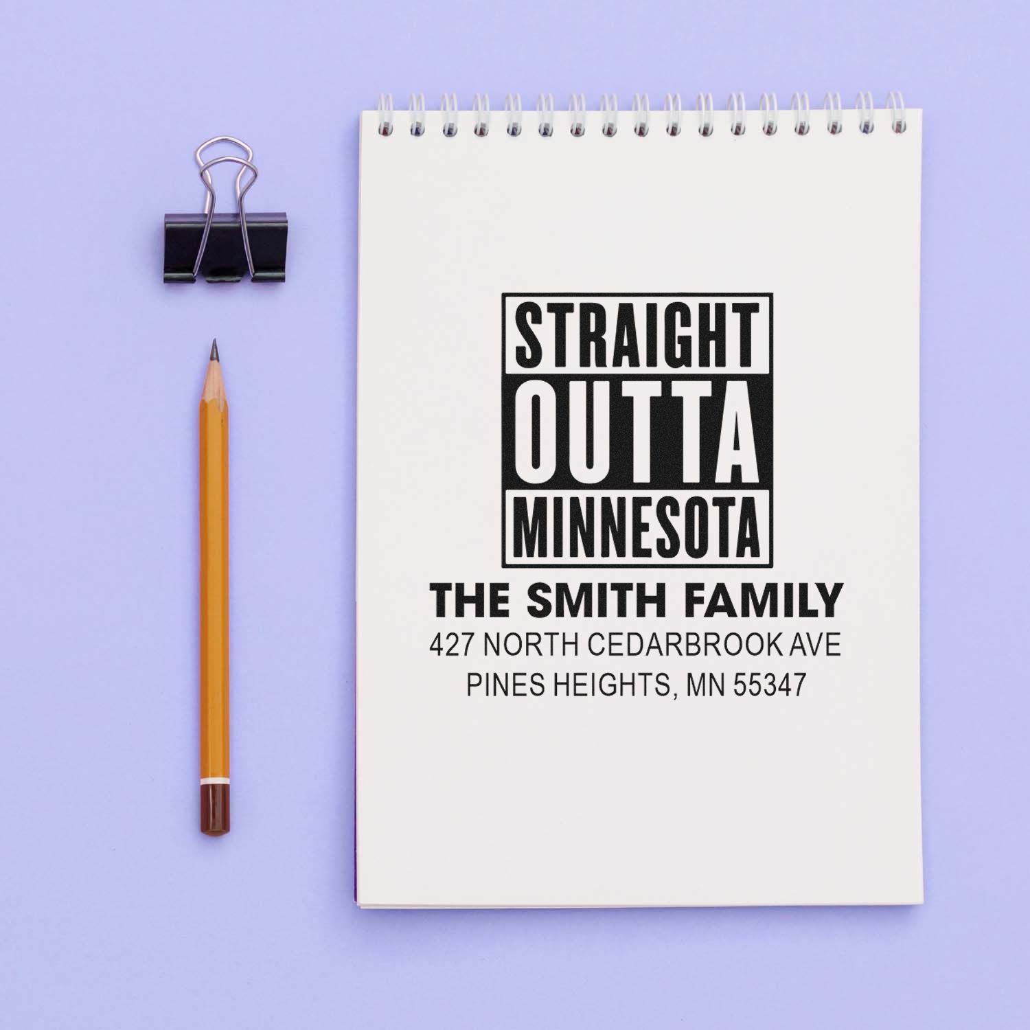 Custom return address rubber stamp with Straight Outta Minnesota design for The Smith Family stationery and mailings.