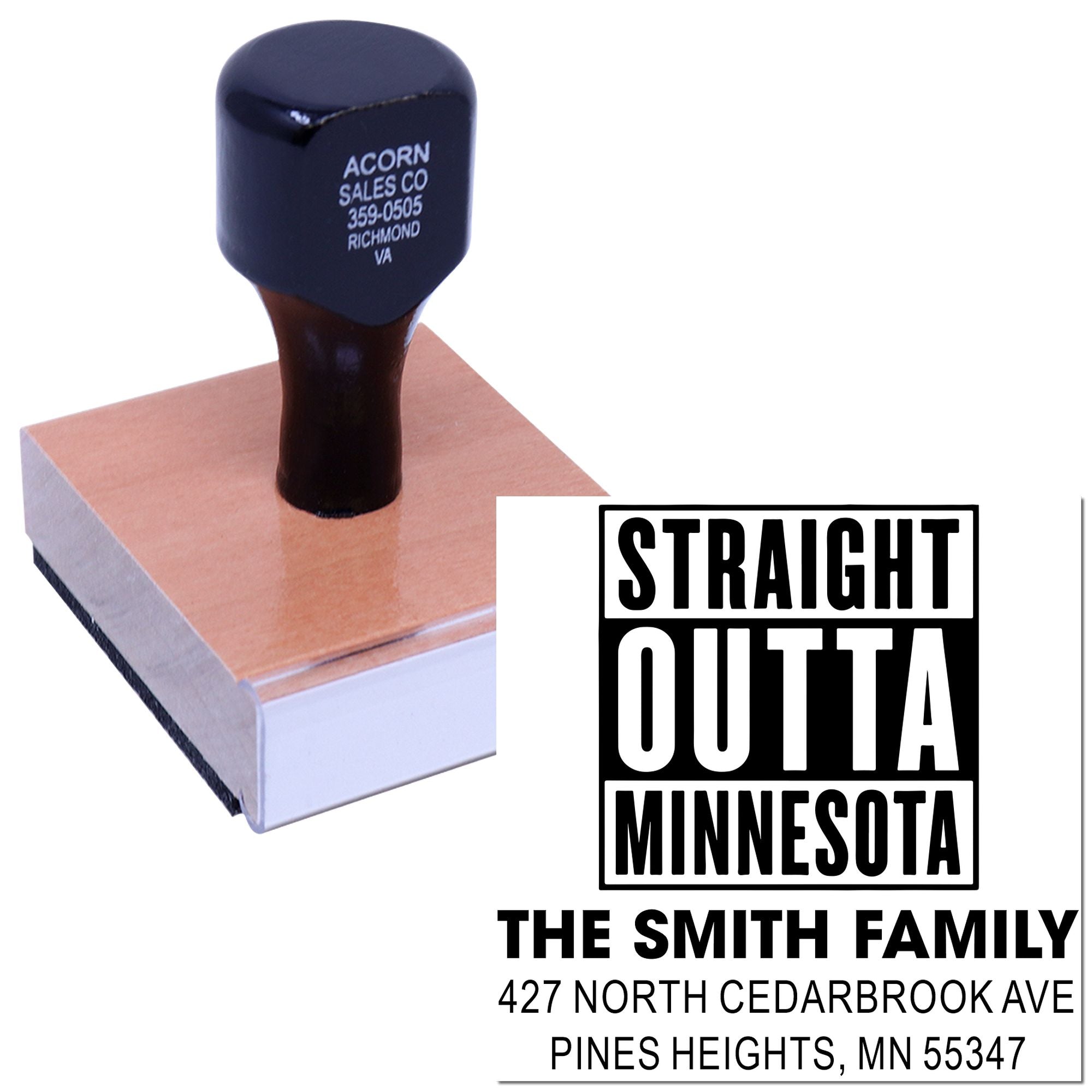 Custom rubber address stamp with Straight Outta Minnesota family name and return address imprint.