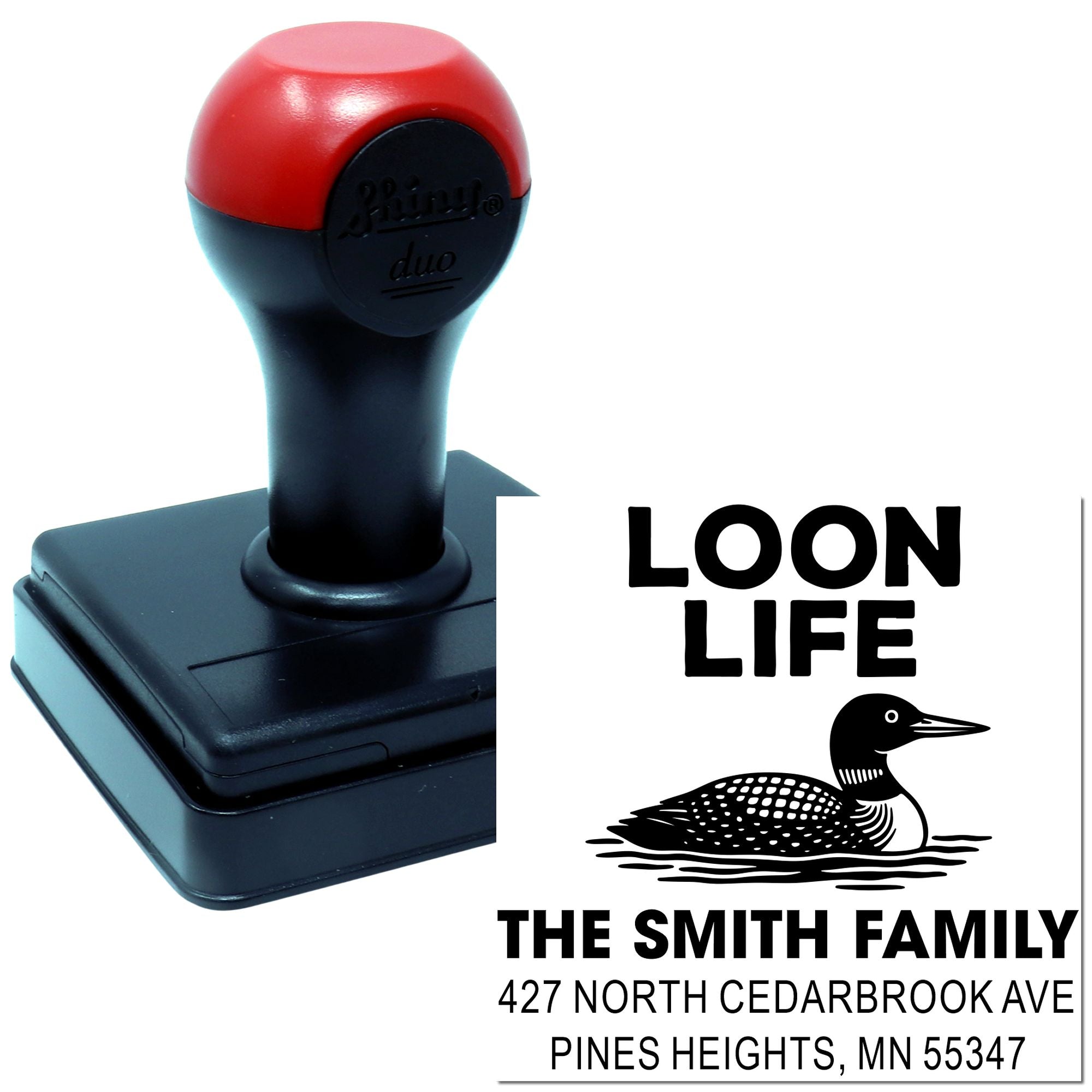 Custom self-inking rubber address stamp with loon design for The Smith Family, Pines Heights, MN