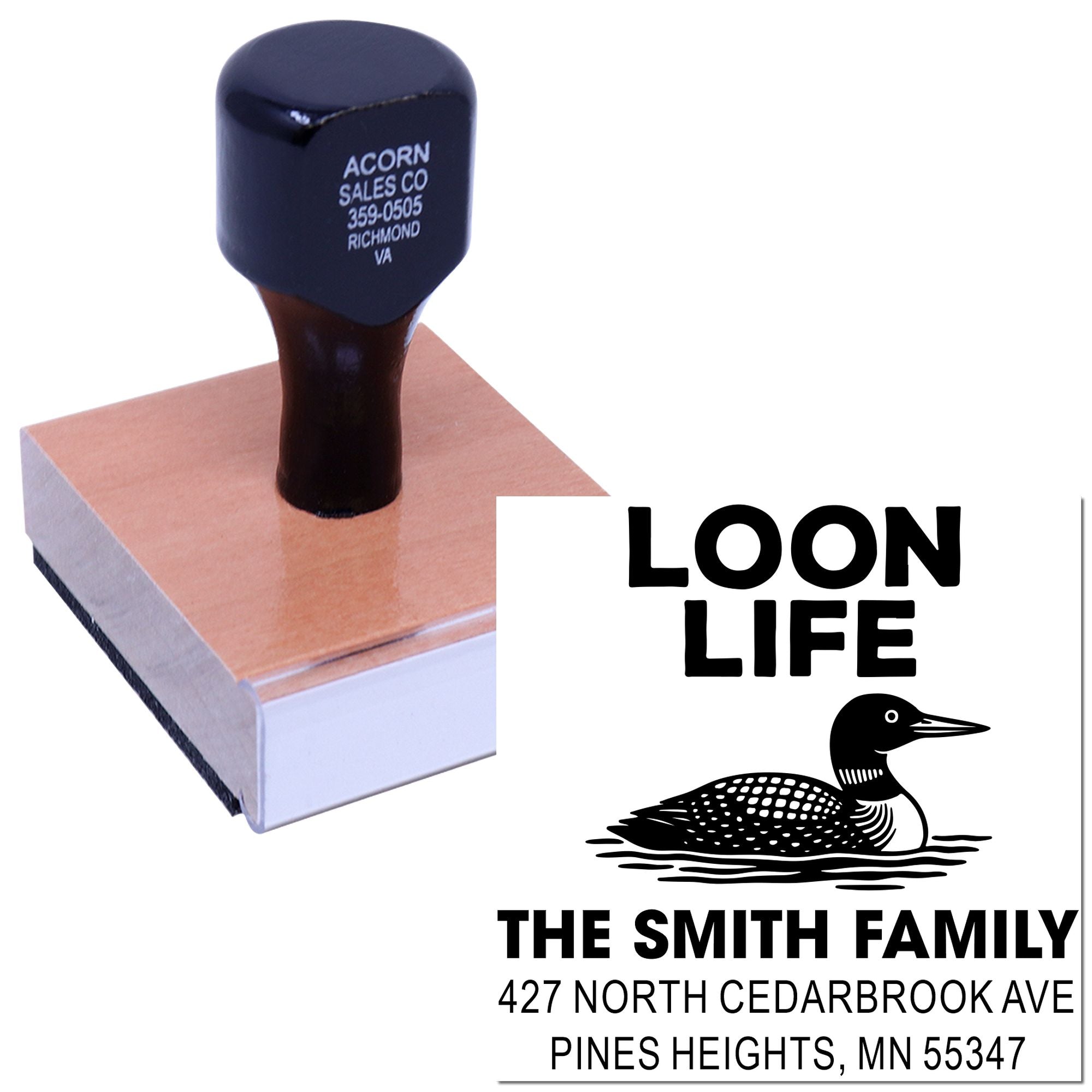 Personalized loon life return address rubber stamp with family name and address.