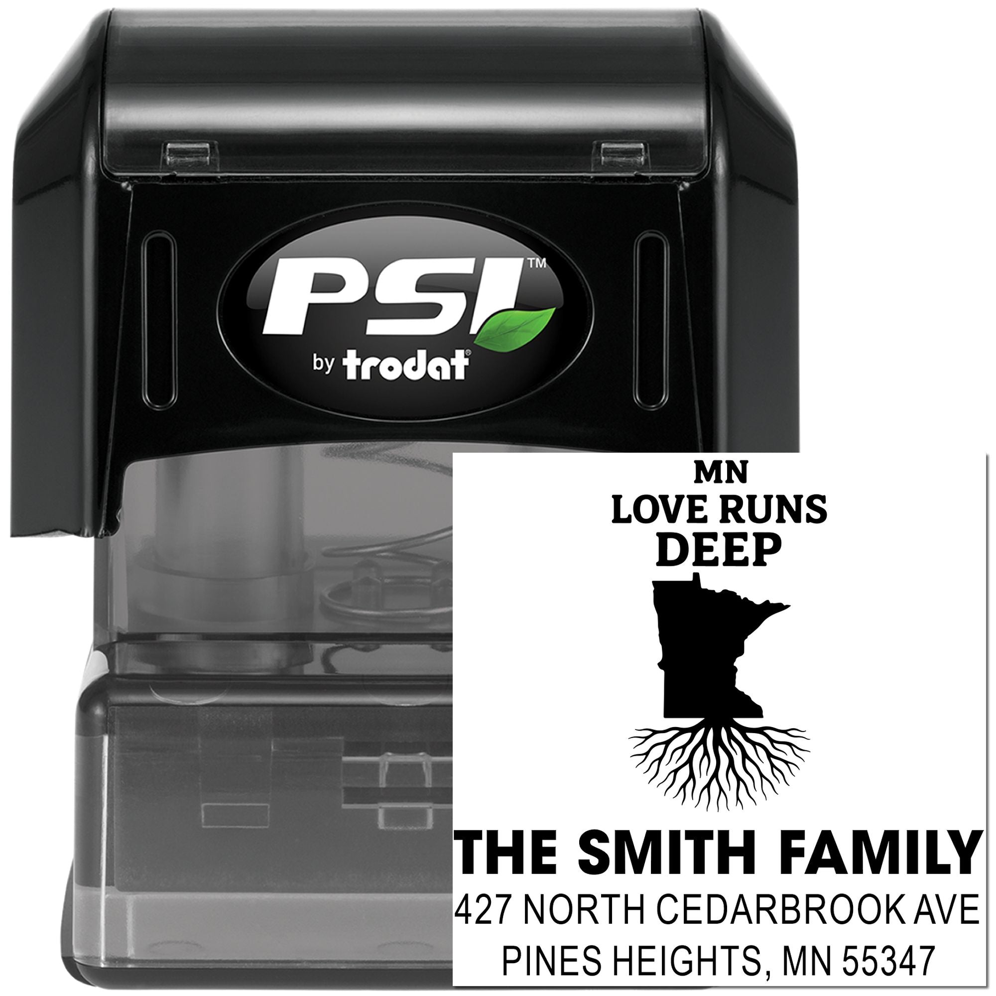 Custom self-inking rubber stamp with Minnesota family address design, PSI by Trodat, and Love Runs Deep tree imprint.