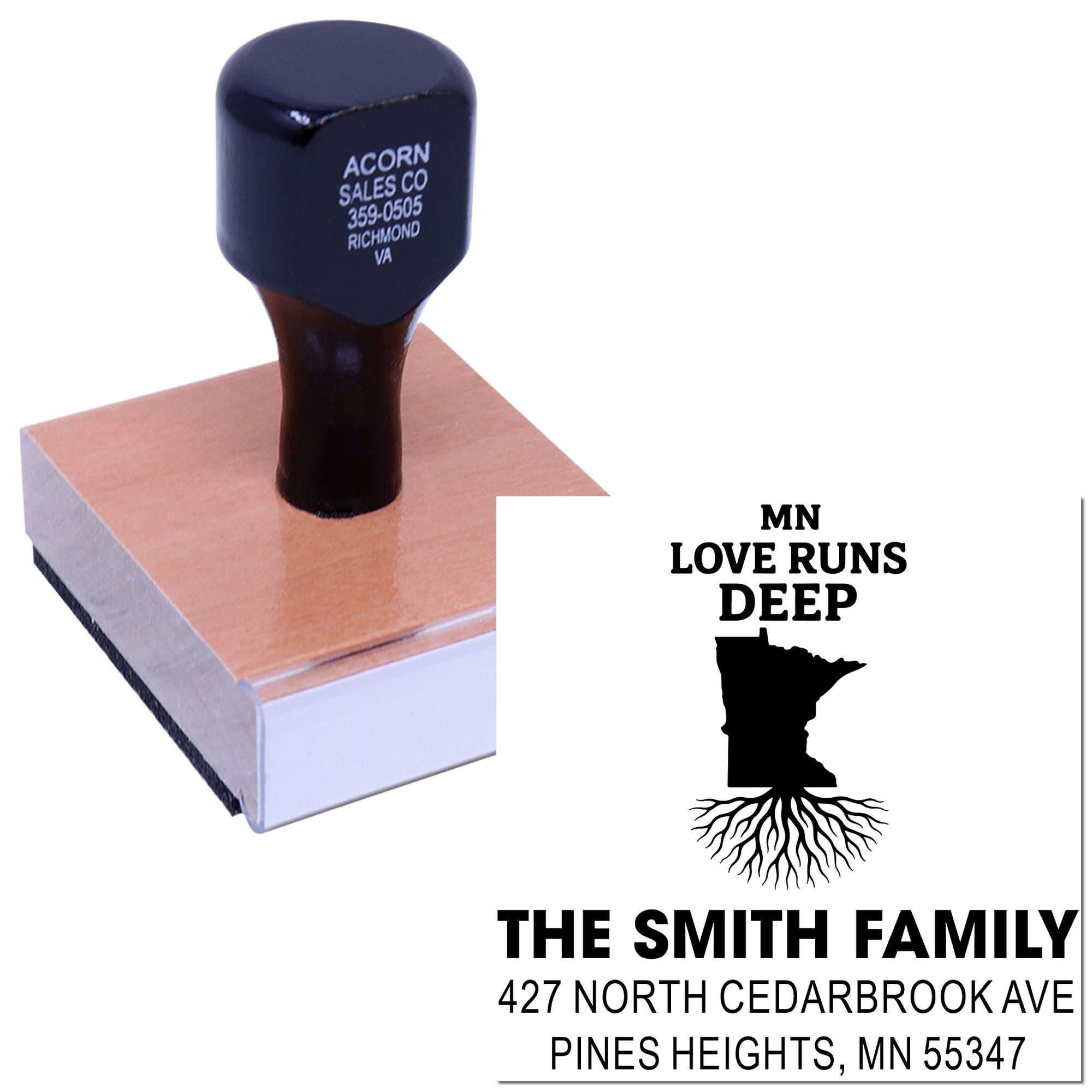 Custom deep relief rubber stamp with Minnesota family return address design for personalized mail and stationery.