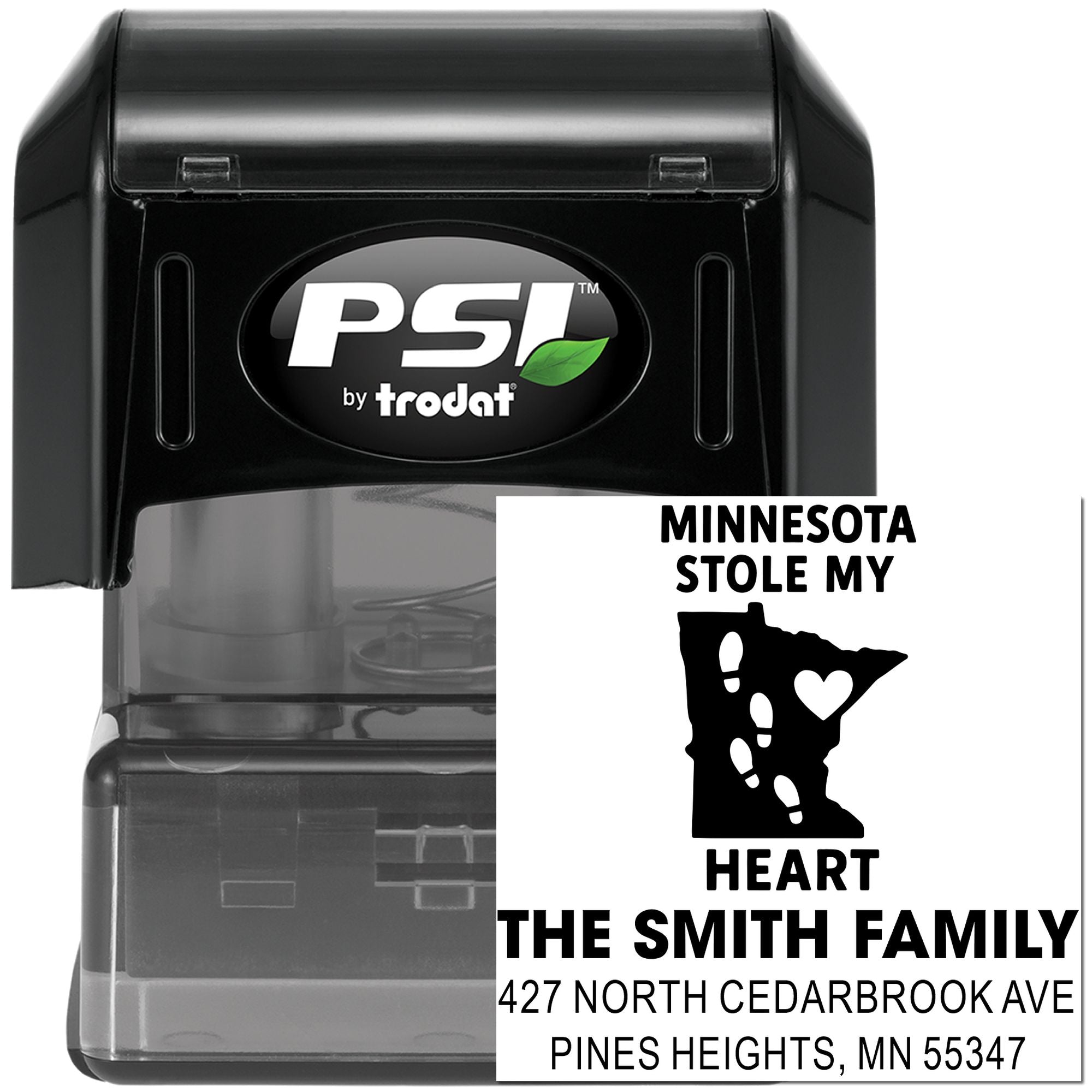 Custom self-inking rubber address stamp by PSI Trodat with Minnesota stole my heart design for The Smith Family.