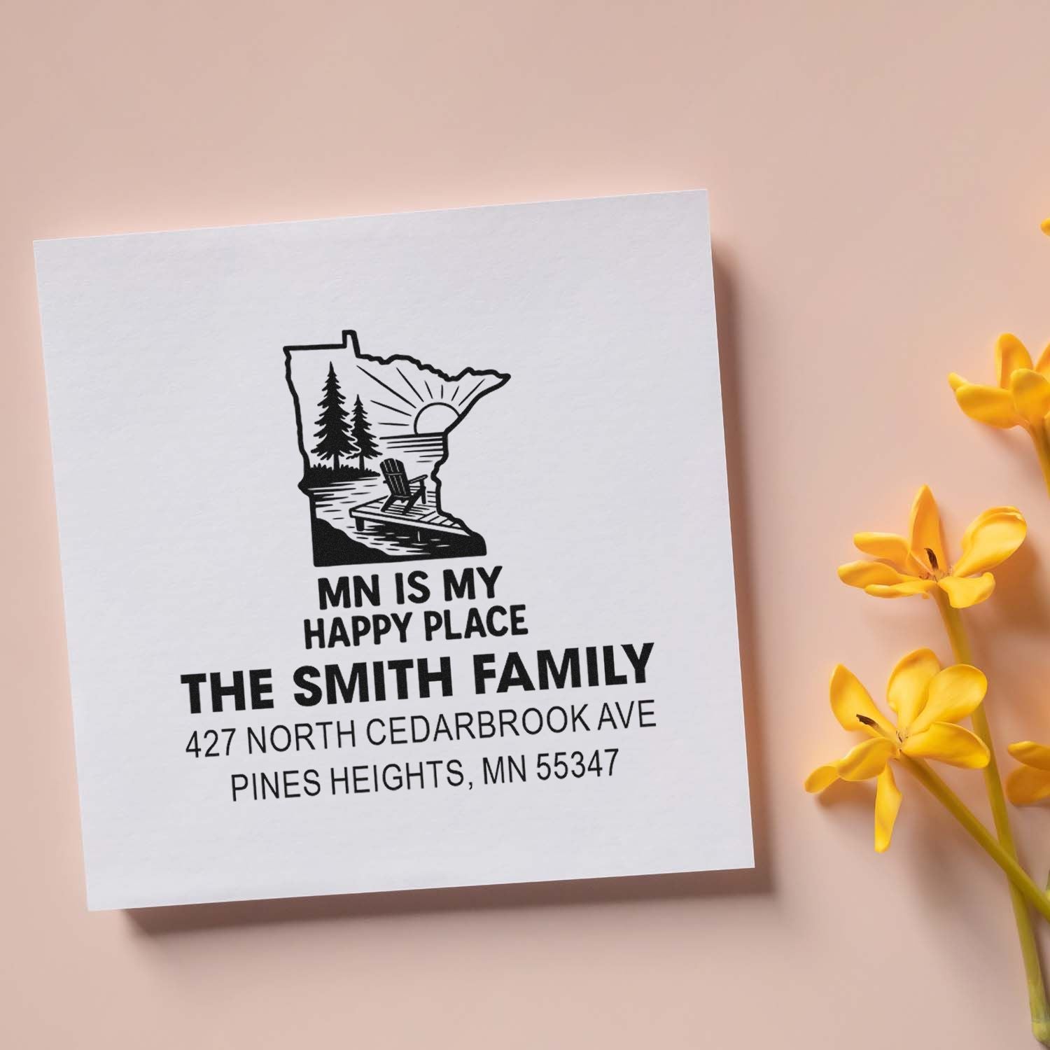 Custom Minnesota return address rubber stamp with lakeside sunrise design for The Smith Family, Pines Heights, MN.
